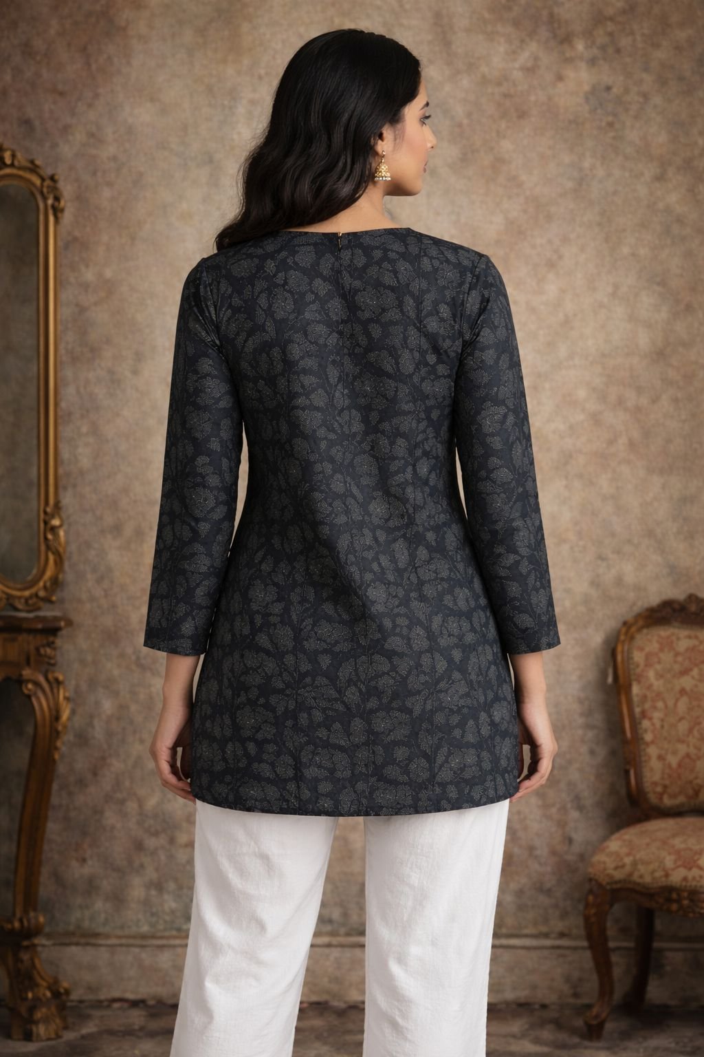 Black Leaf Motif Digital Printed Maslin Kurti — alternate view