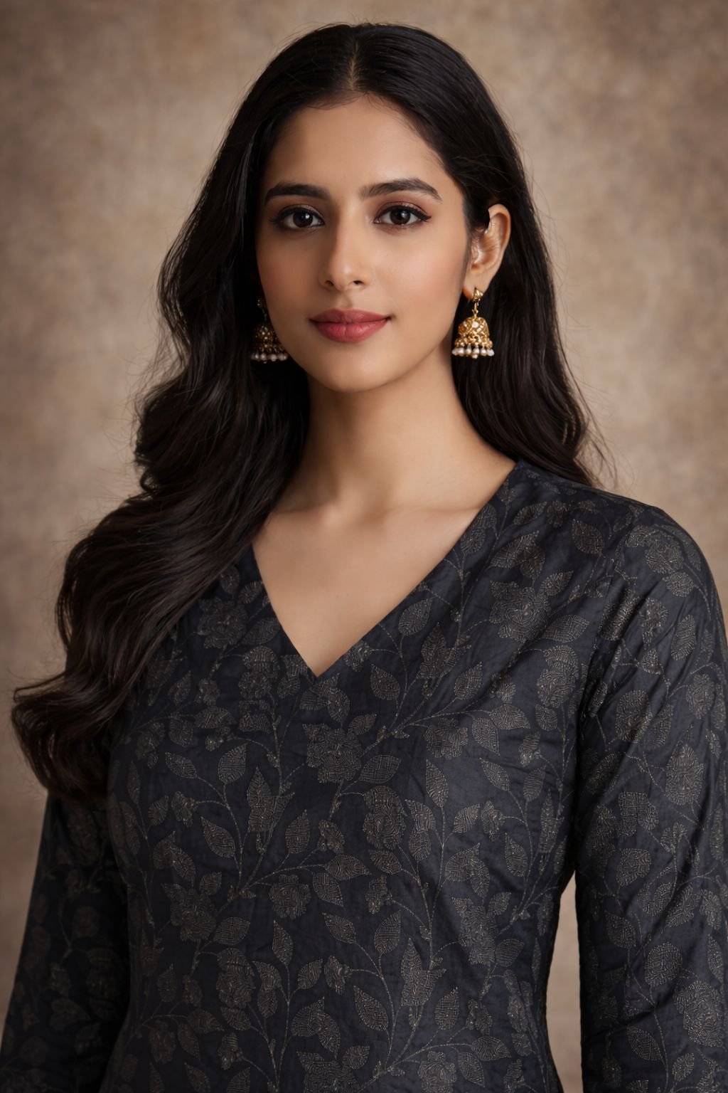 Black Leaf Motif Digital Printed Maslin Kurti