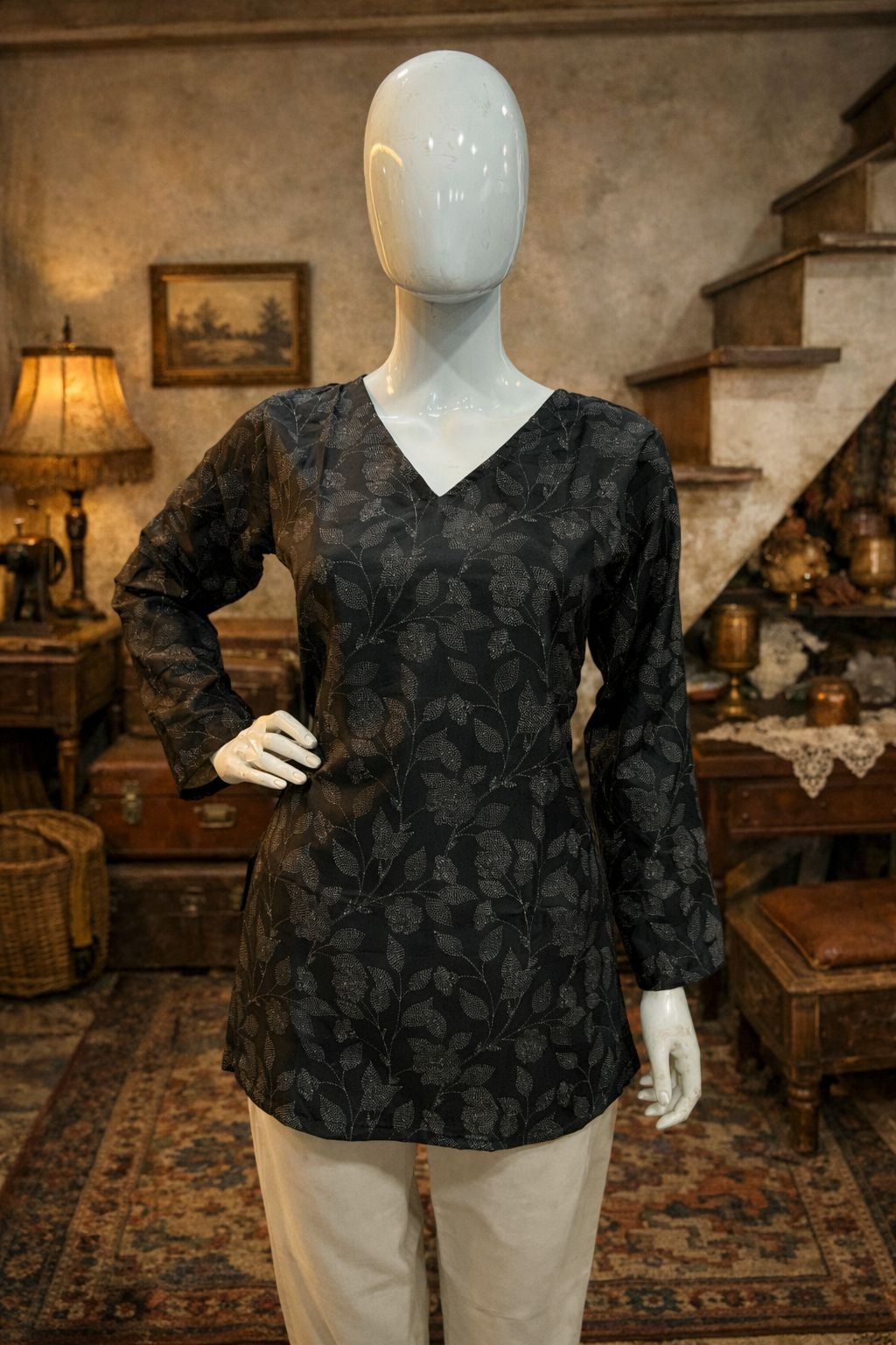 Black Leaf Motif Digital Printed Maslin Kurti