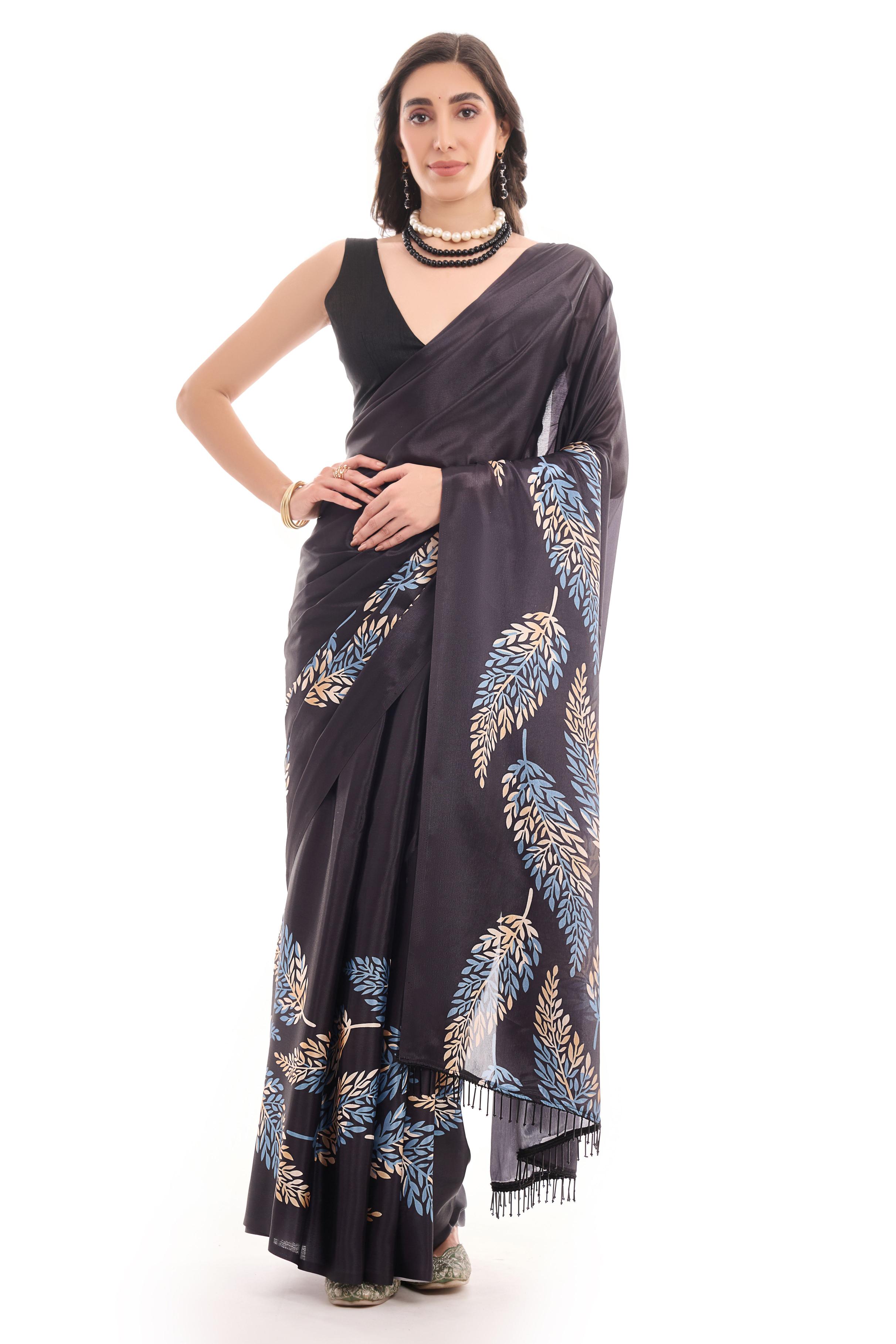 Black Leaf Printed Chinon Ready To Wear Saree