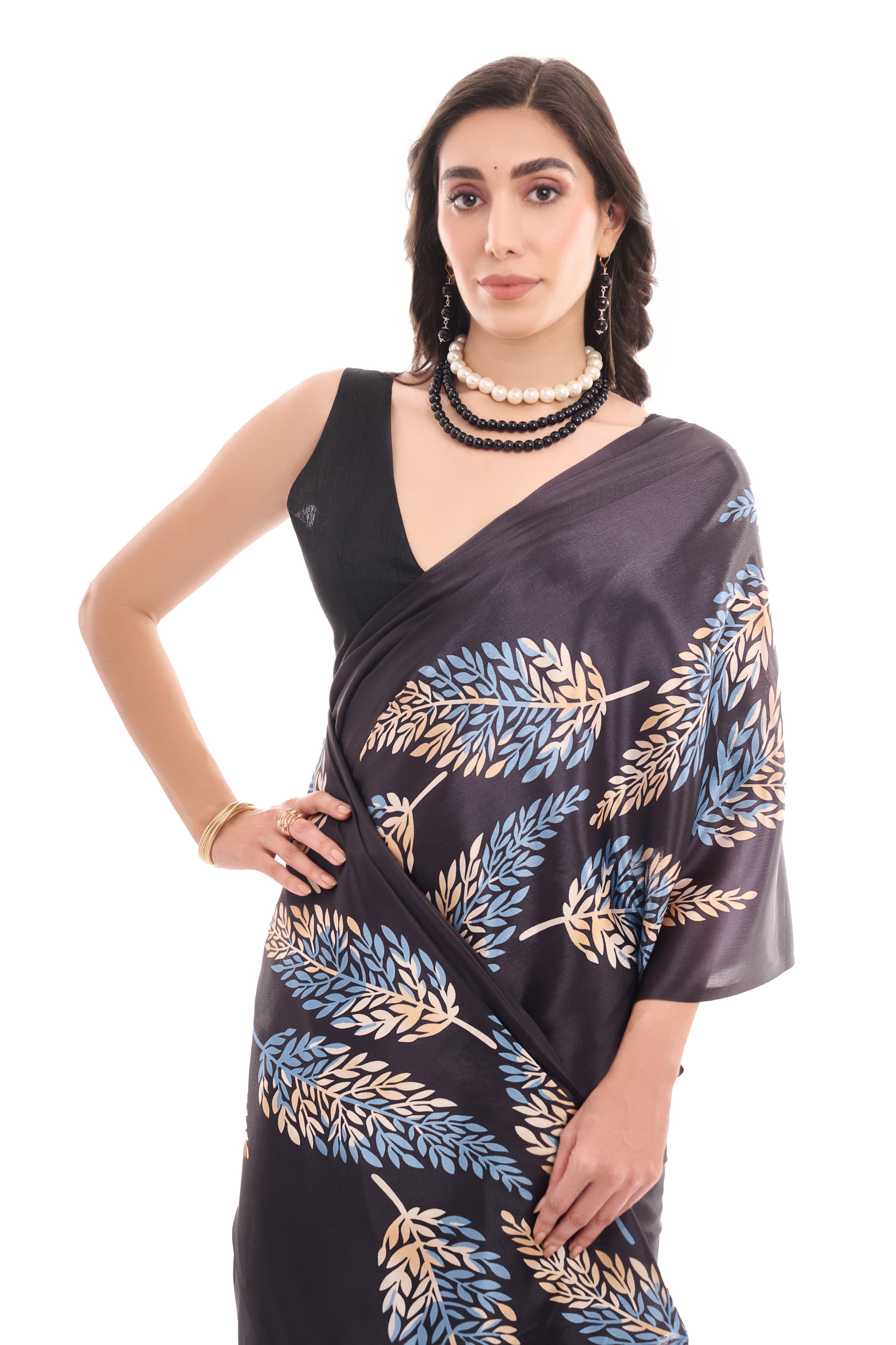 Black Leaf Printed Chinon Ready To Wear Saree — alternate view