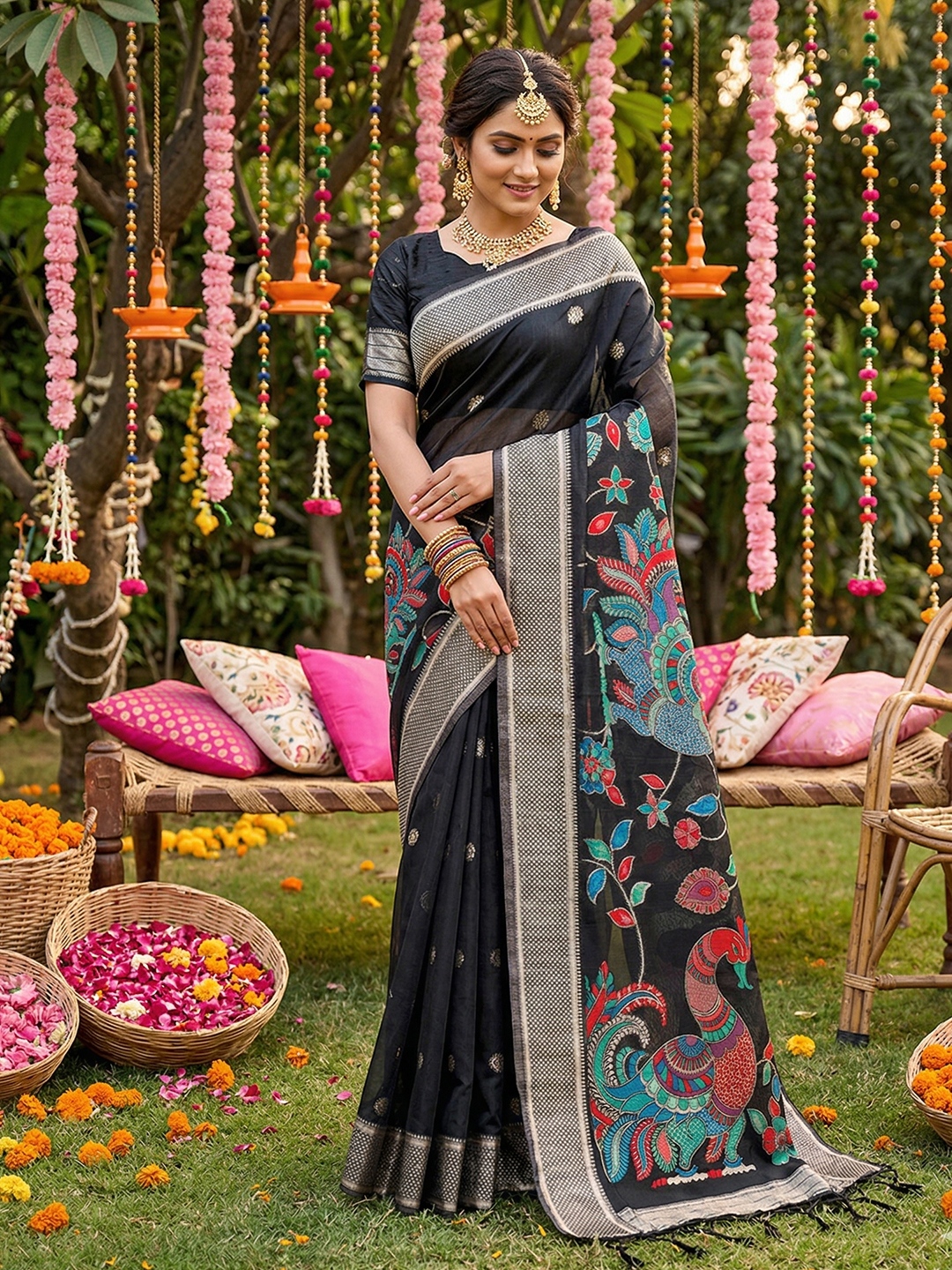 Black Linen Cotton Woven Designer Saree