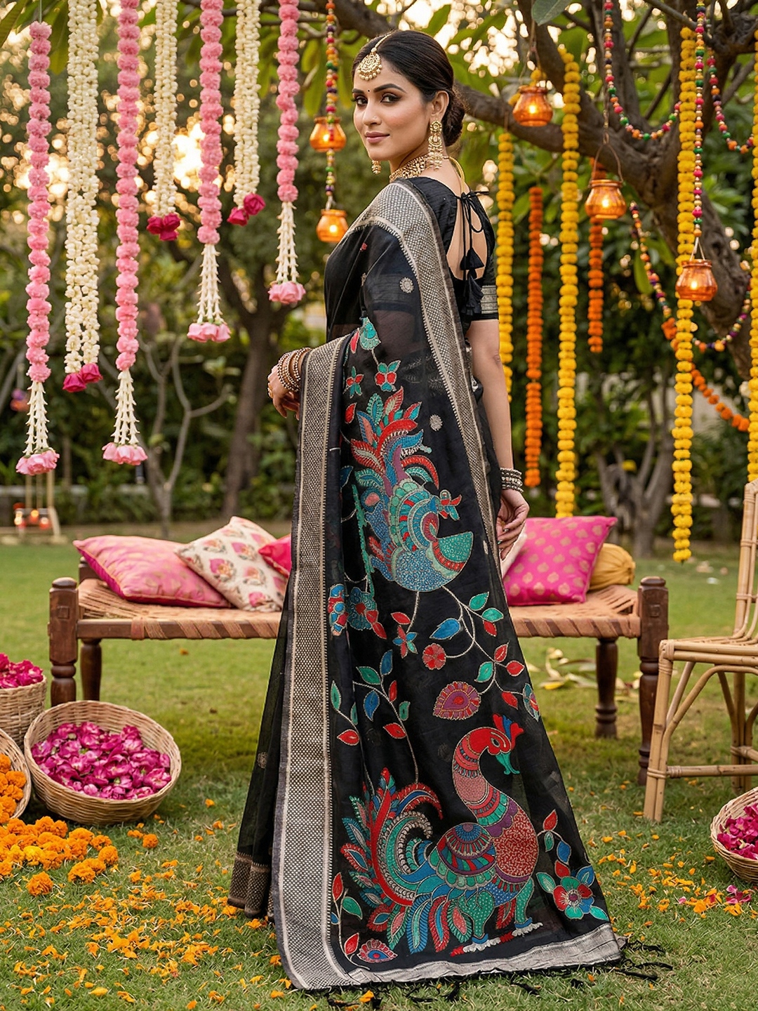 Black Linen Cotton Woven Designer Saree — alternate view