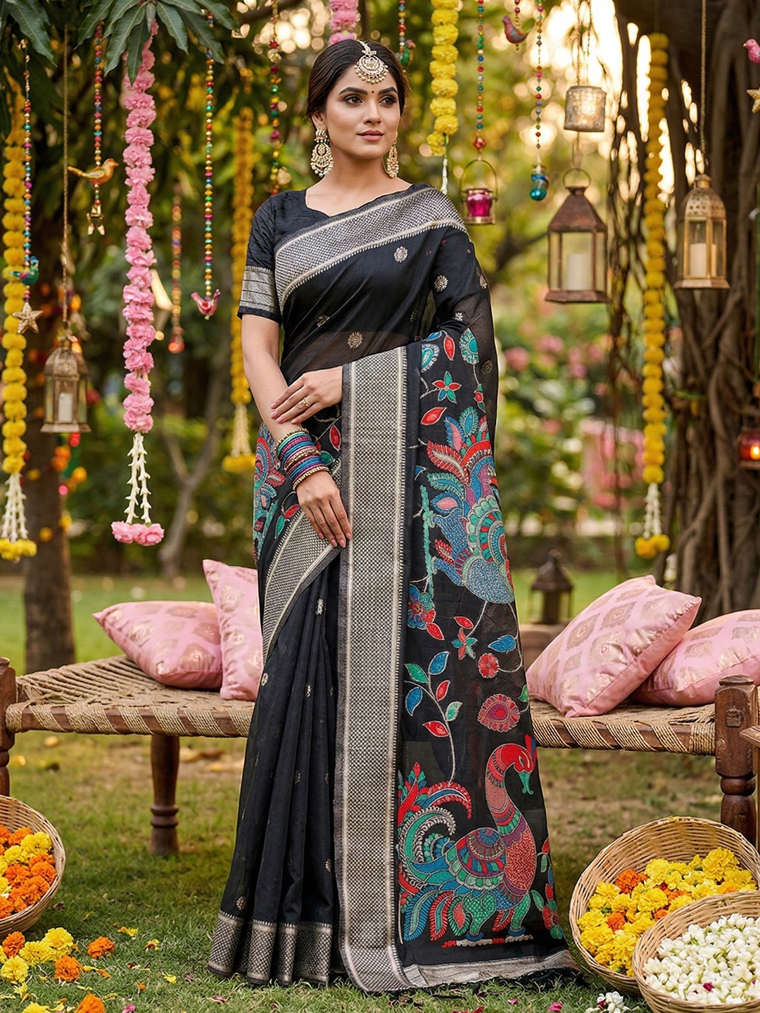 Black Linen Cotton Woven Designer Saree