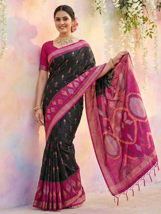 Black Magenta Woven Soft Silk Designer Saree