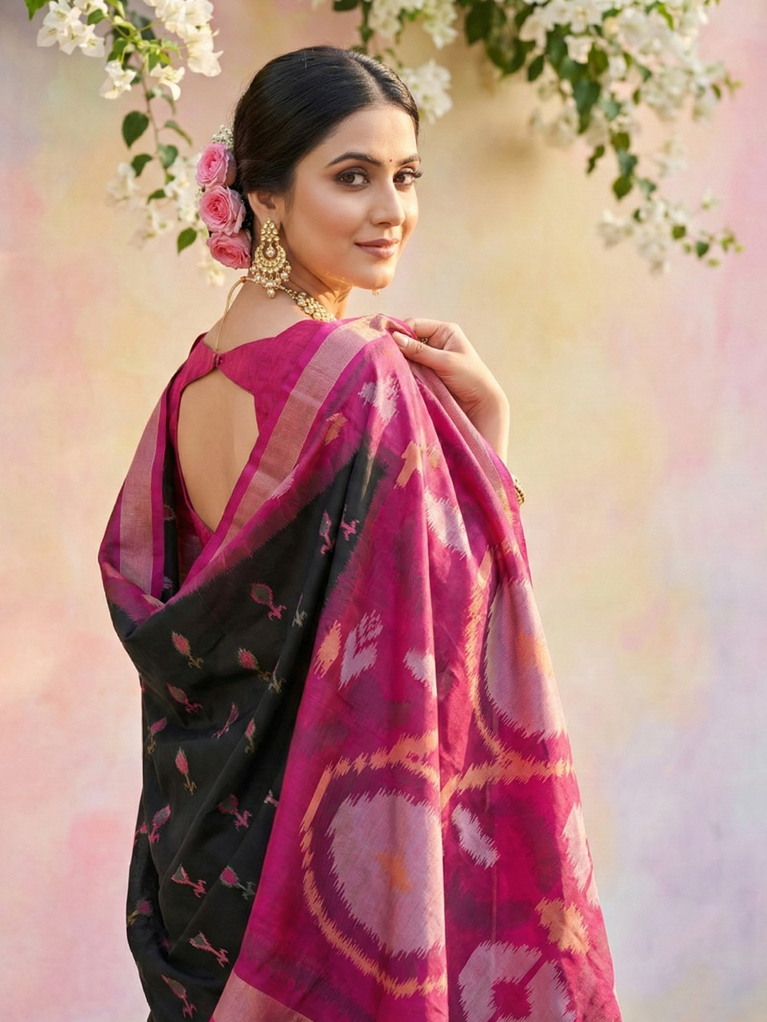 Black Magenta Woven Soft Silk Designer Saree