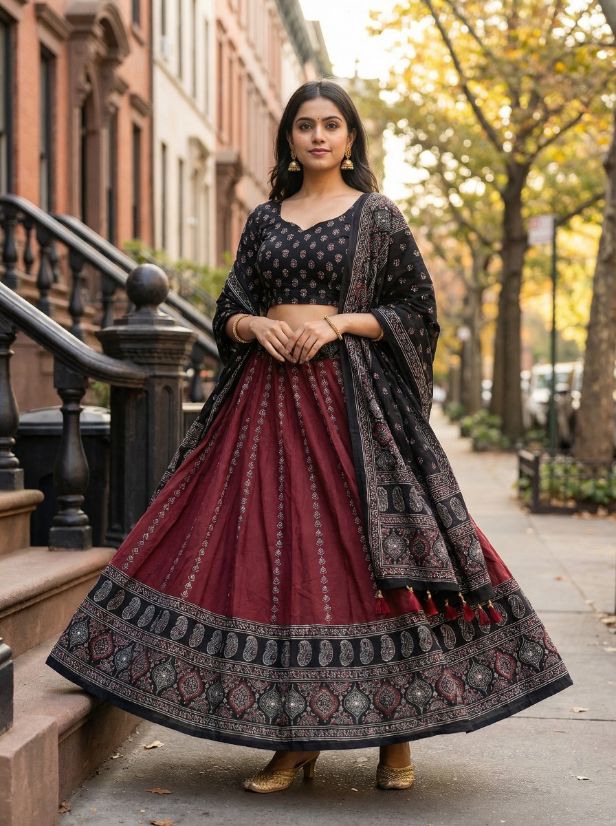 Black Maroon Digital Print Cotton Rayon Lehenga Choli