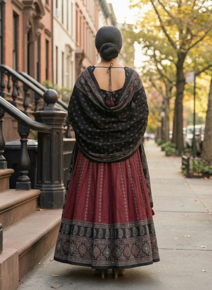 Black Maroon Digital Print Cotton Rayon Lehenga Choli — alternate view