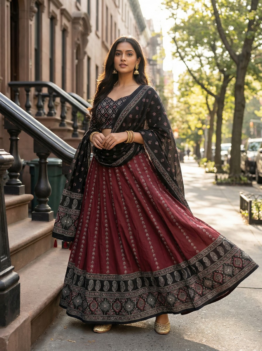 Black Maroon Digital Print Cotton Rayon Lehenga Choli