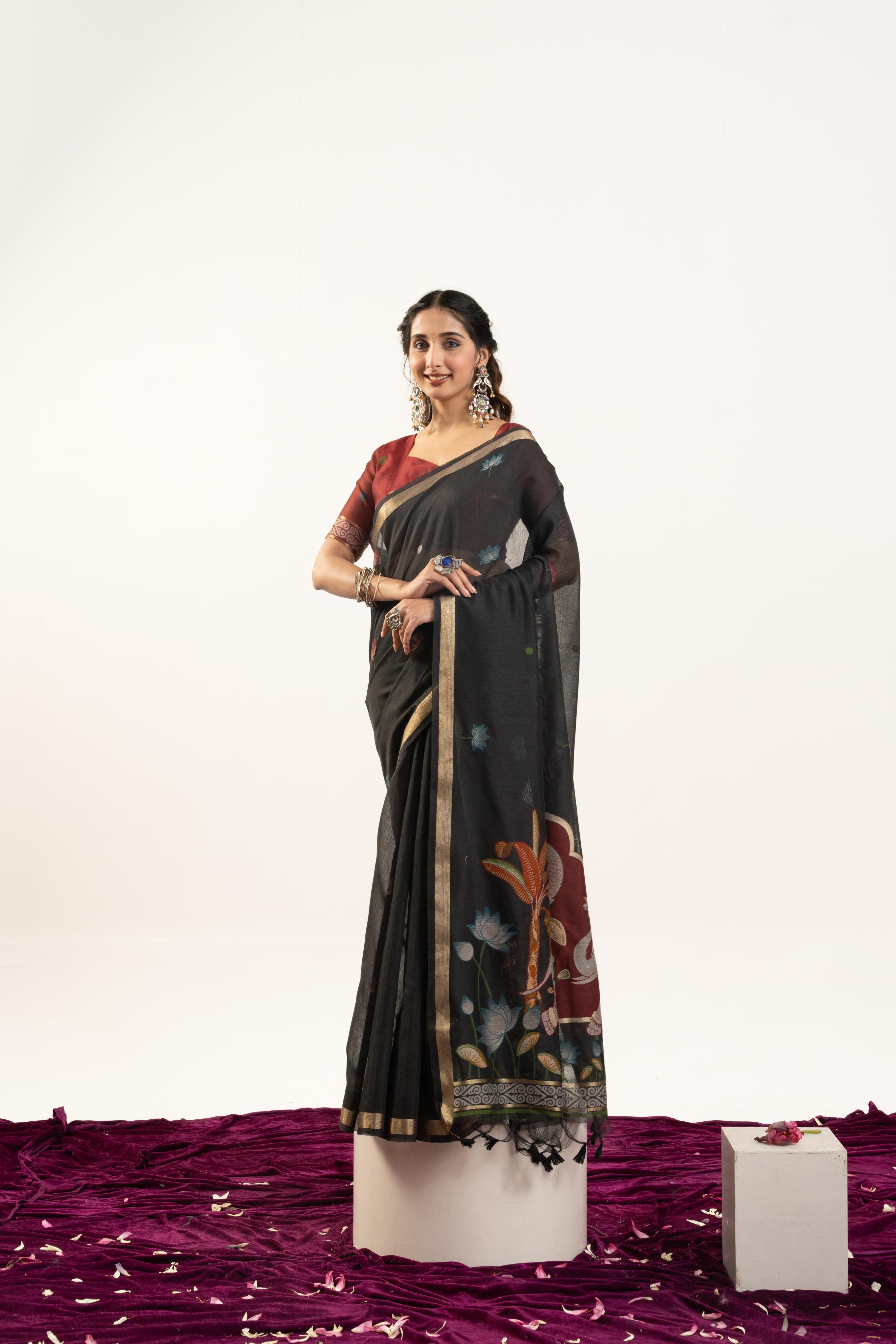 Black Maroon Rajwadi Woven Muga Cotton Saree