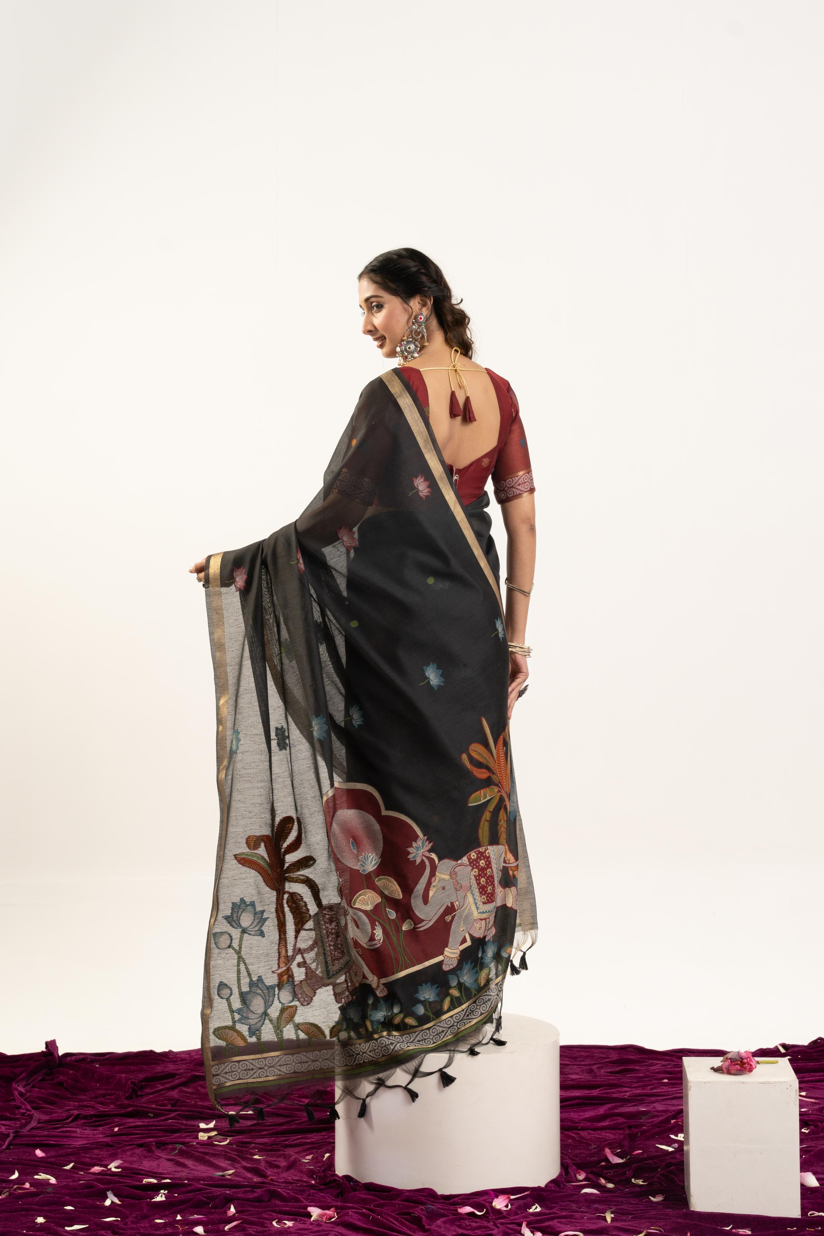 Black Maroon Rajwadi Woven Muga Cotton Saree — alternate view