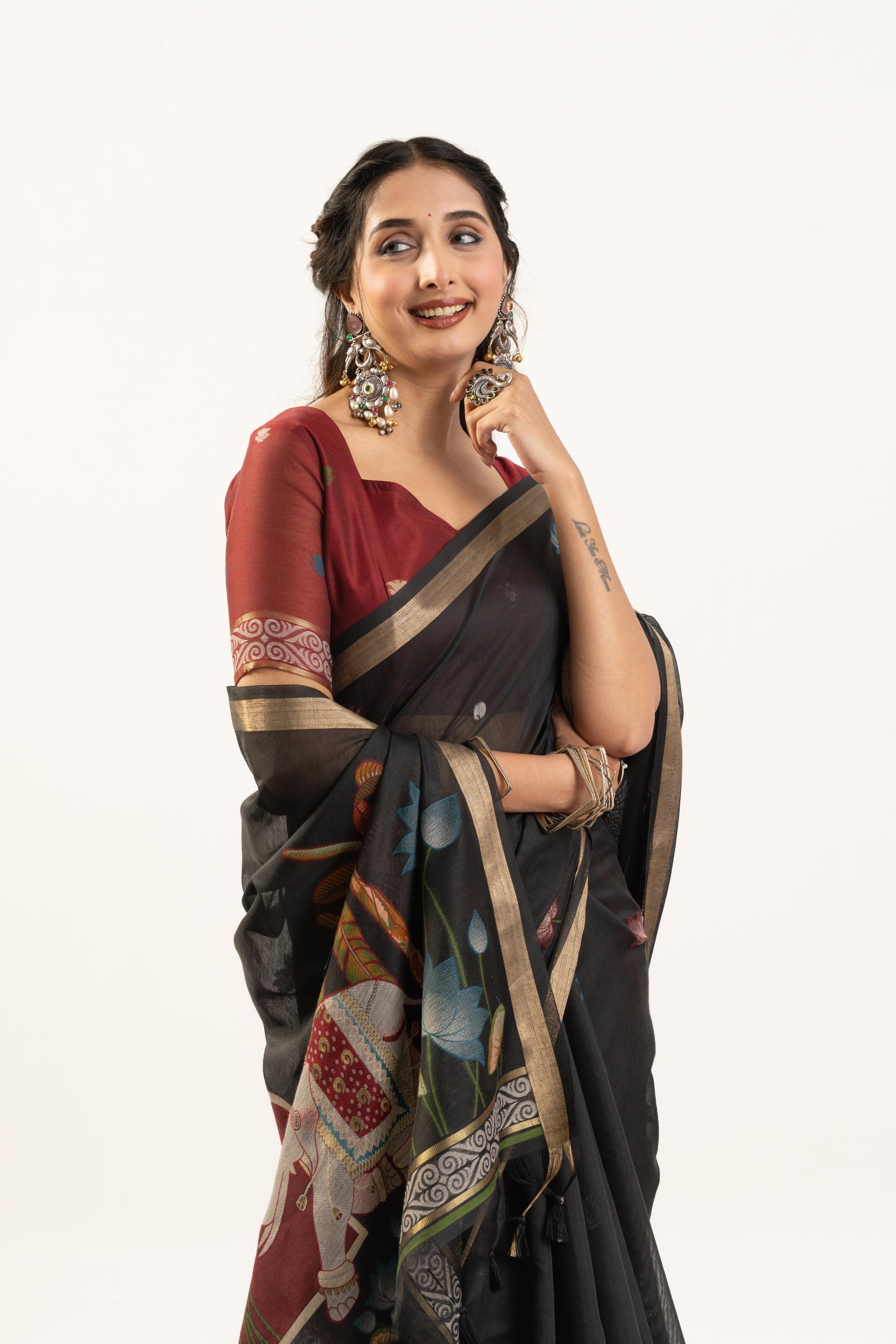Black Maroon Rajwadi Woven Muga Cotton Saree