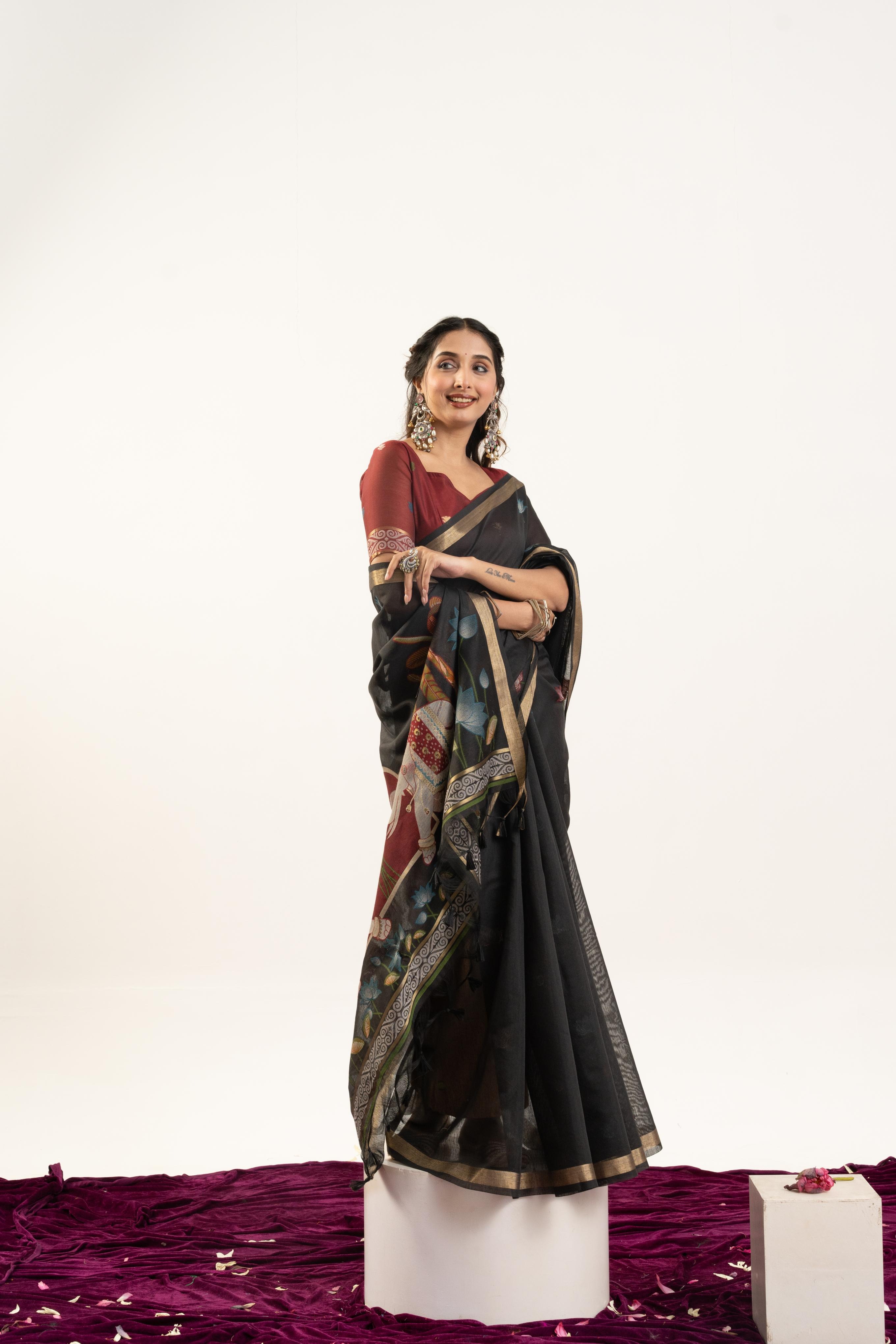 Black Maroon Rajwadi Woven Muga Cotton Saree