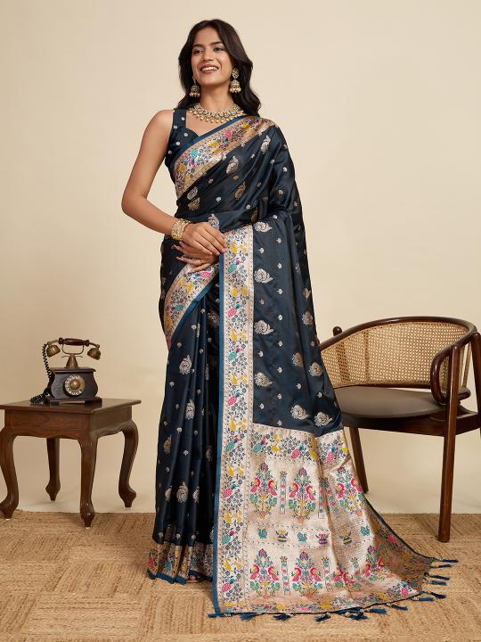 Black Meenakari Satin Silk saree
