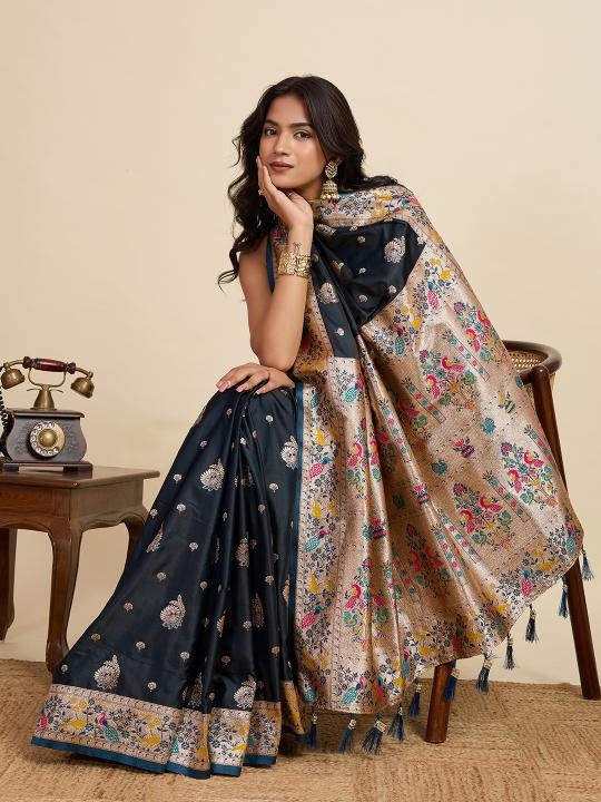 Black Meenakari Satin Silk saree