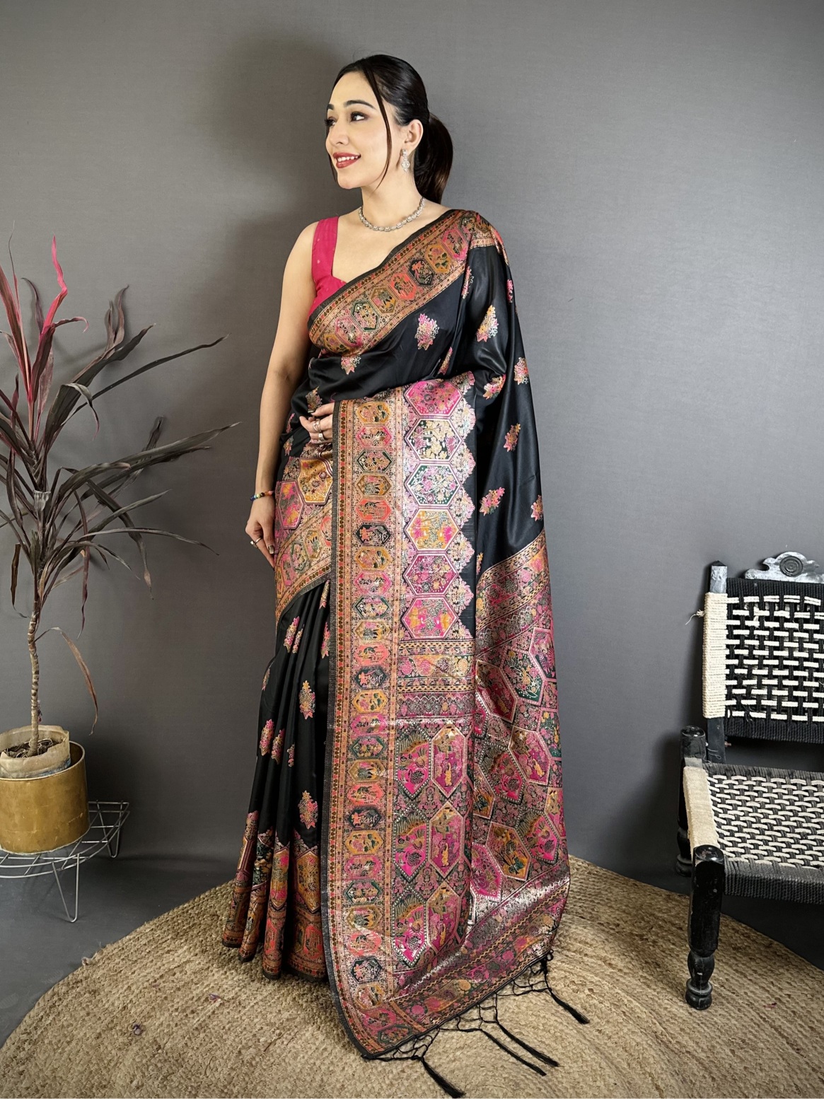 Black Meenakari Woven Pashmina Silk Saree