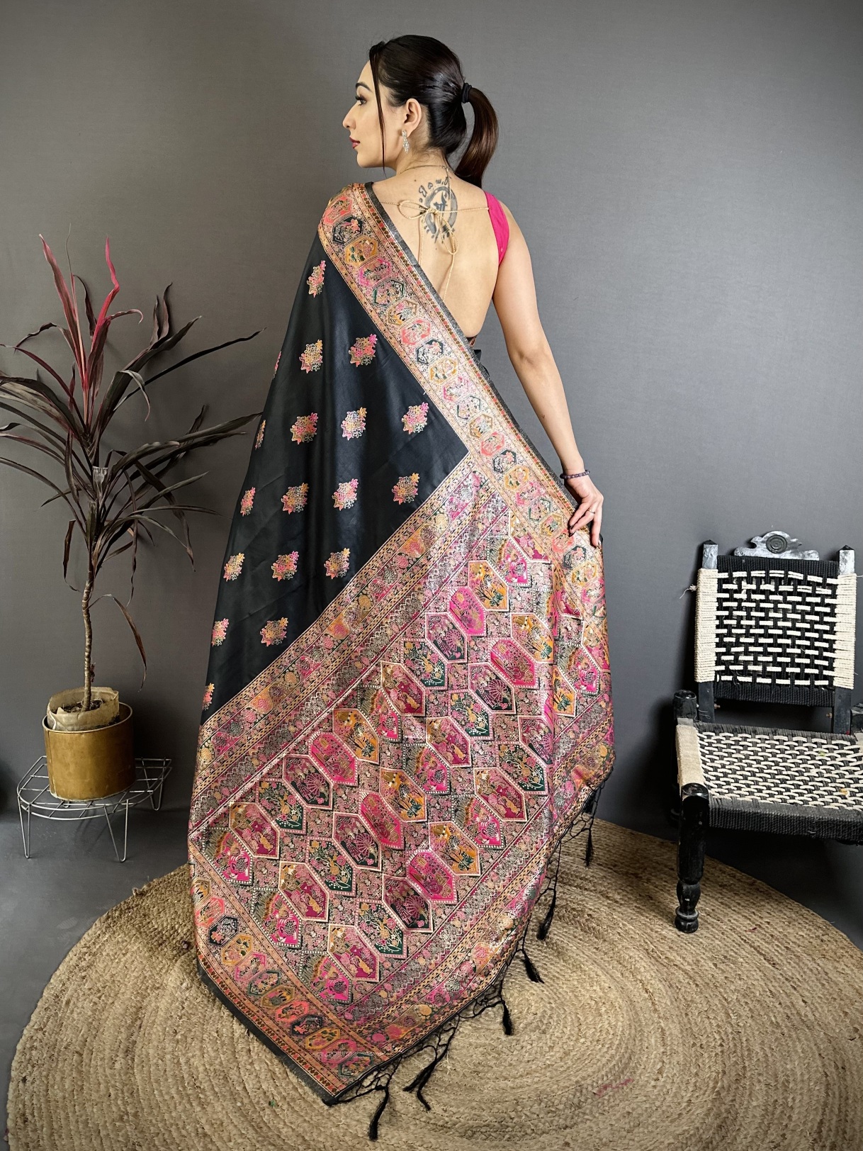 Black Meenakari Woven Pashmina Silk Saree — alternate view