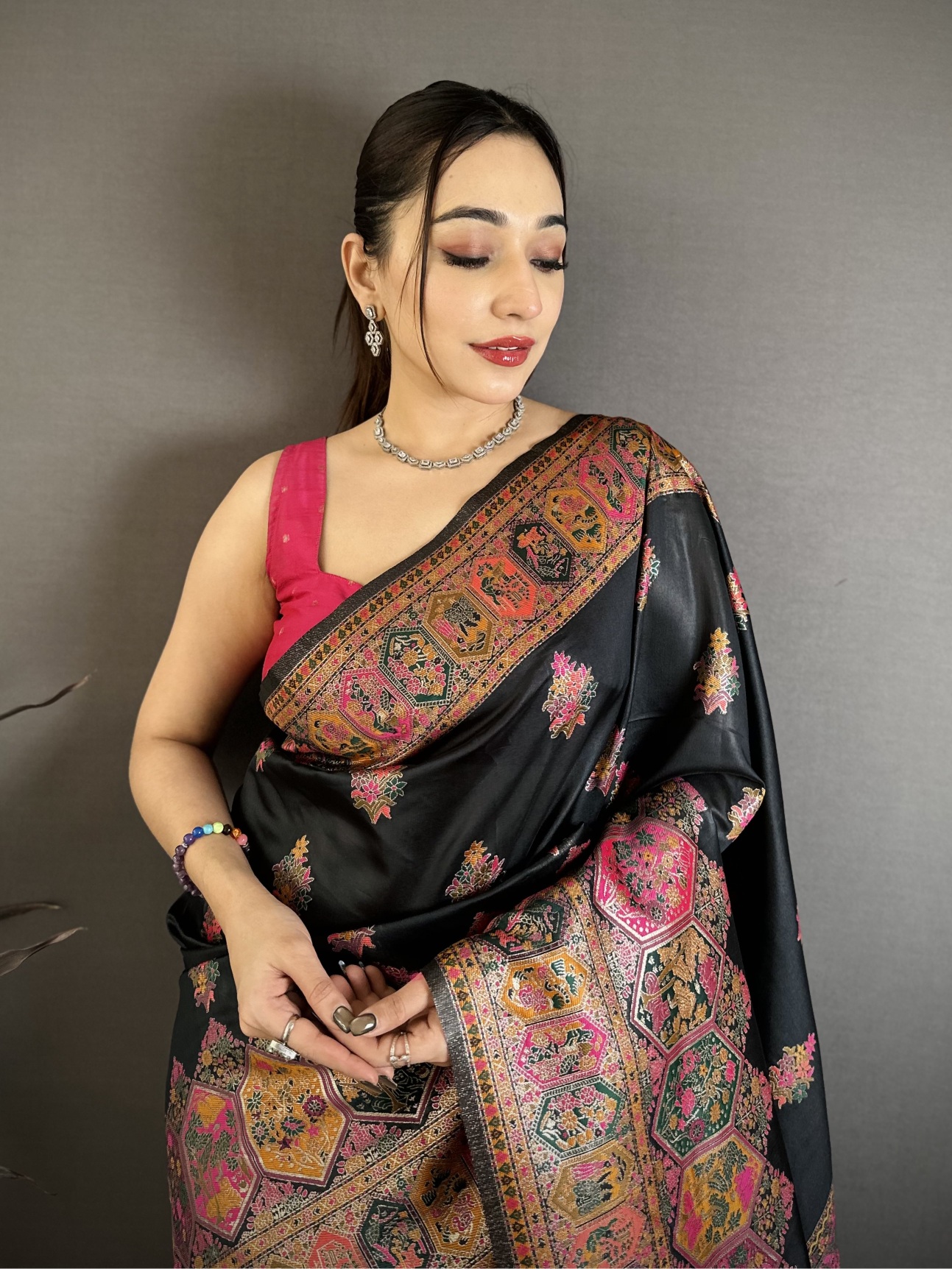 Black Meenakari Woven Pashmina Silk Saree