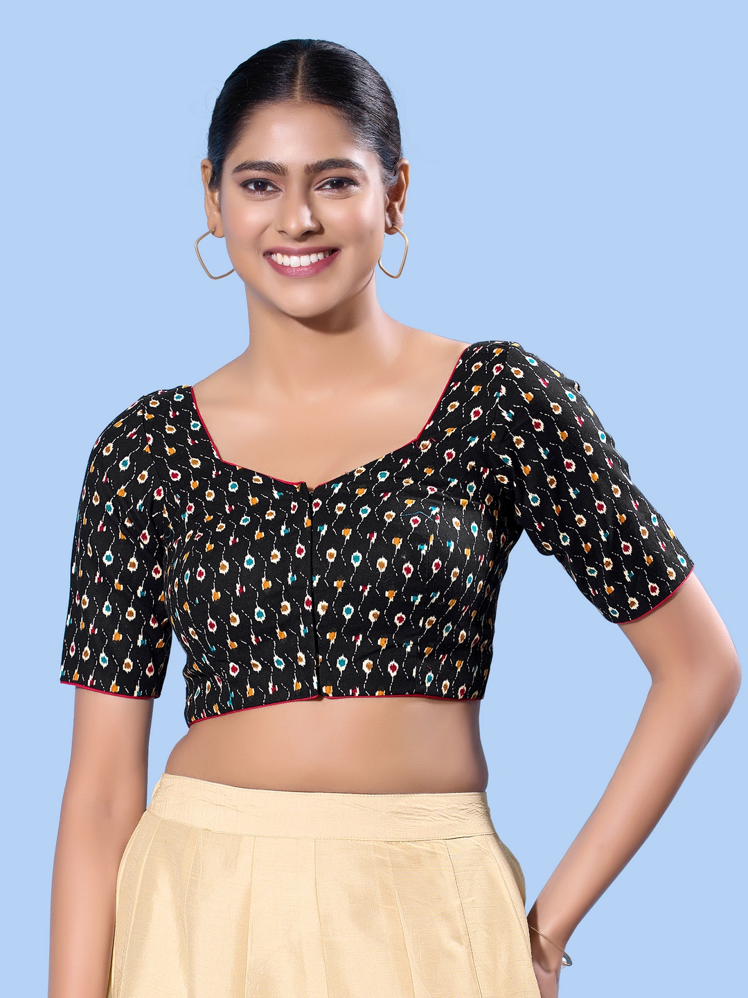 Black Minimal Printed Cotton Elbow Blouse