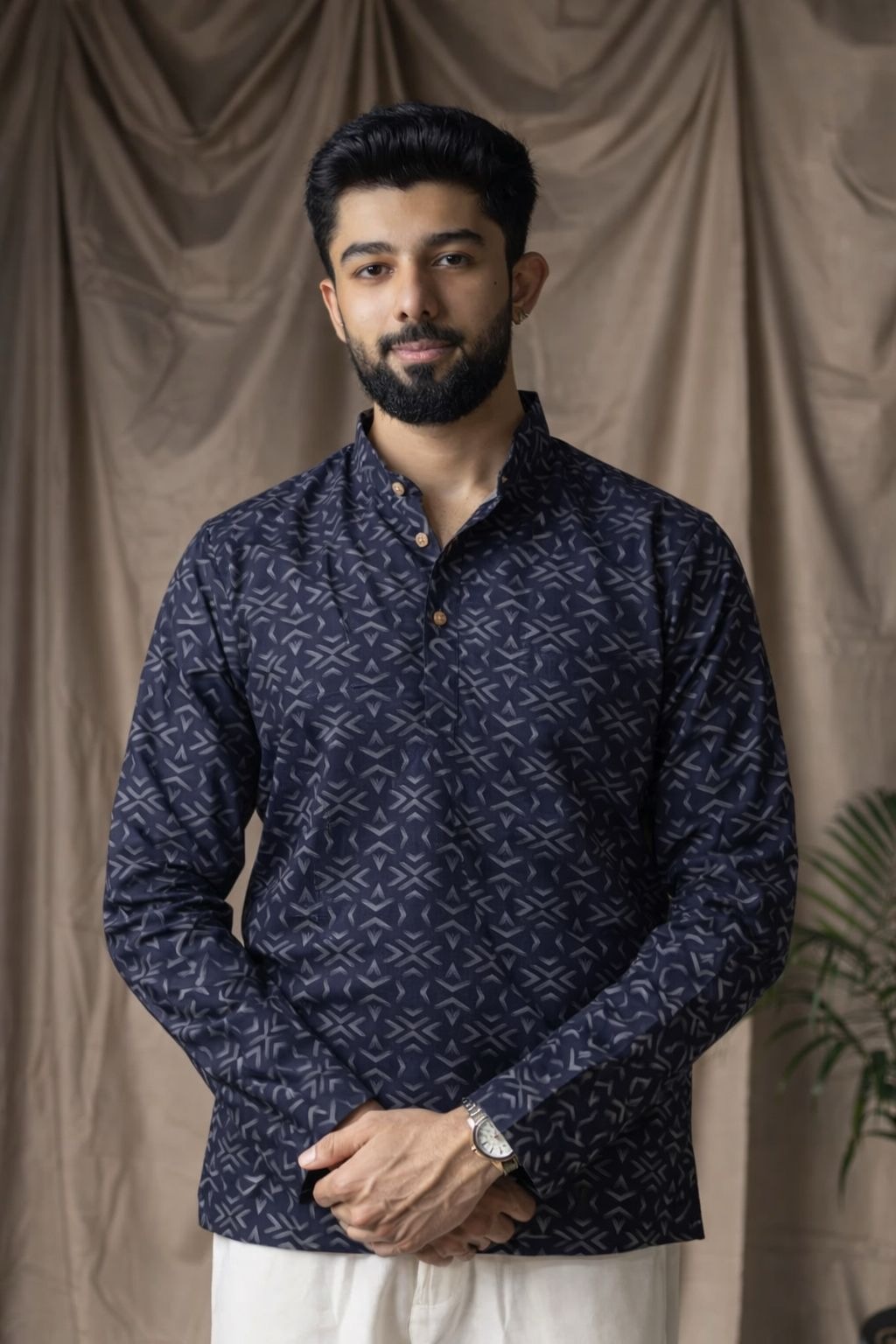 Black Motif Printed Linen Kurta