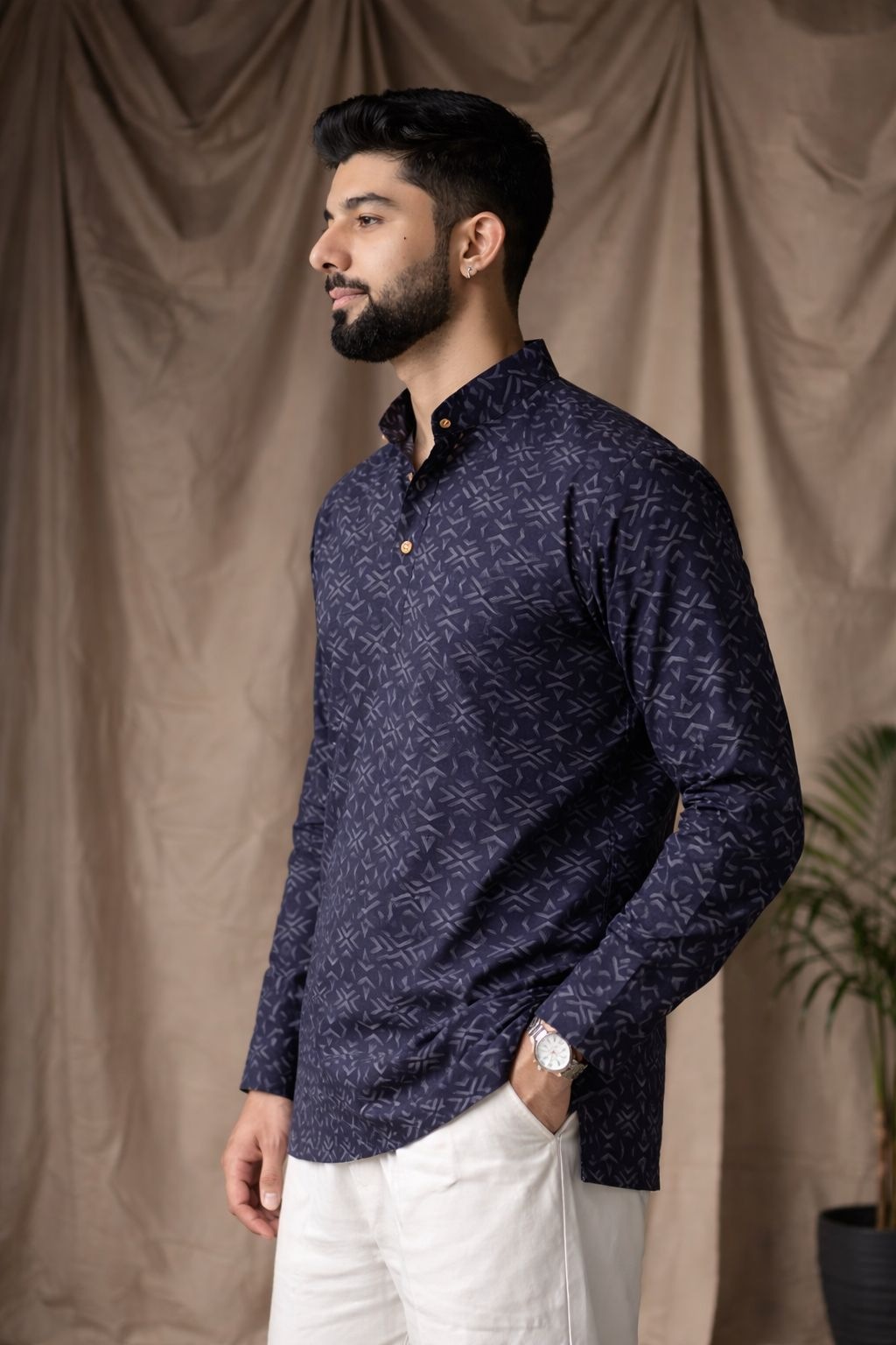 Black Motif Printed Linen Kurta