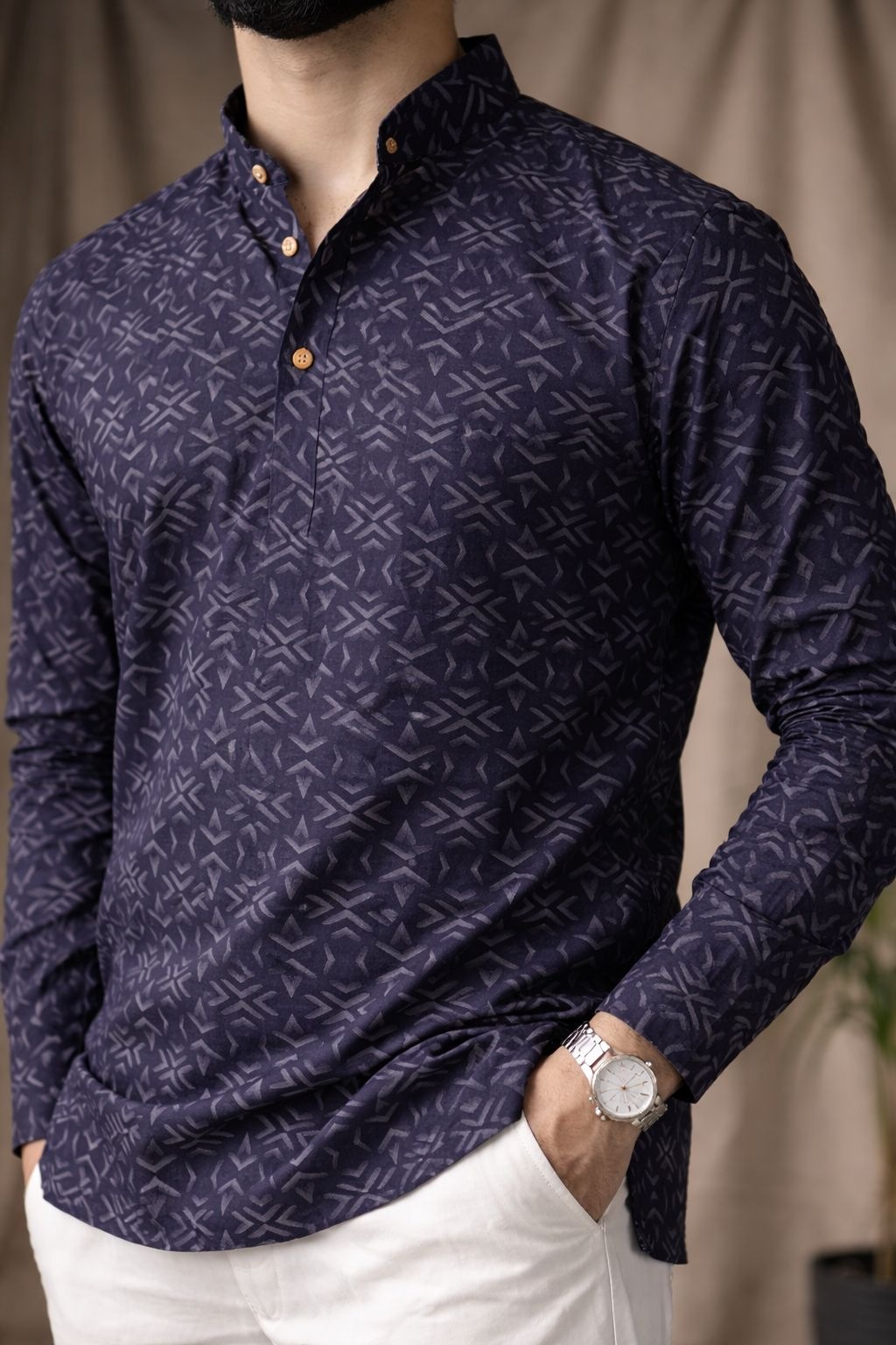 Black Motif Printed Linen Kurta
