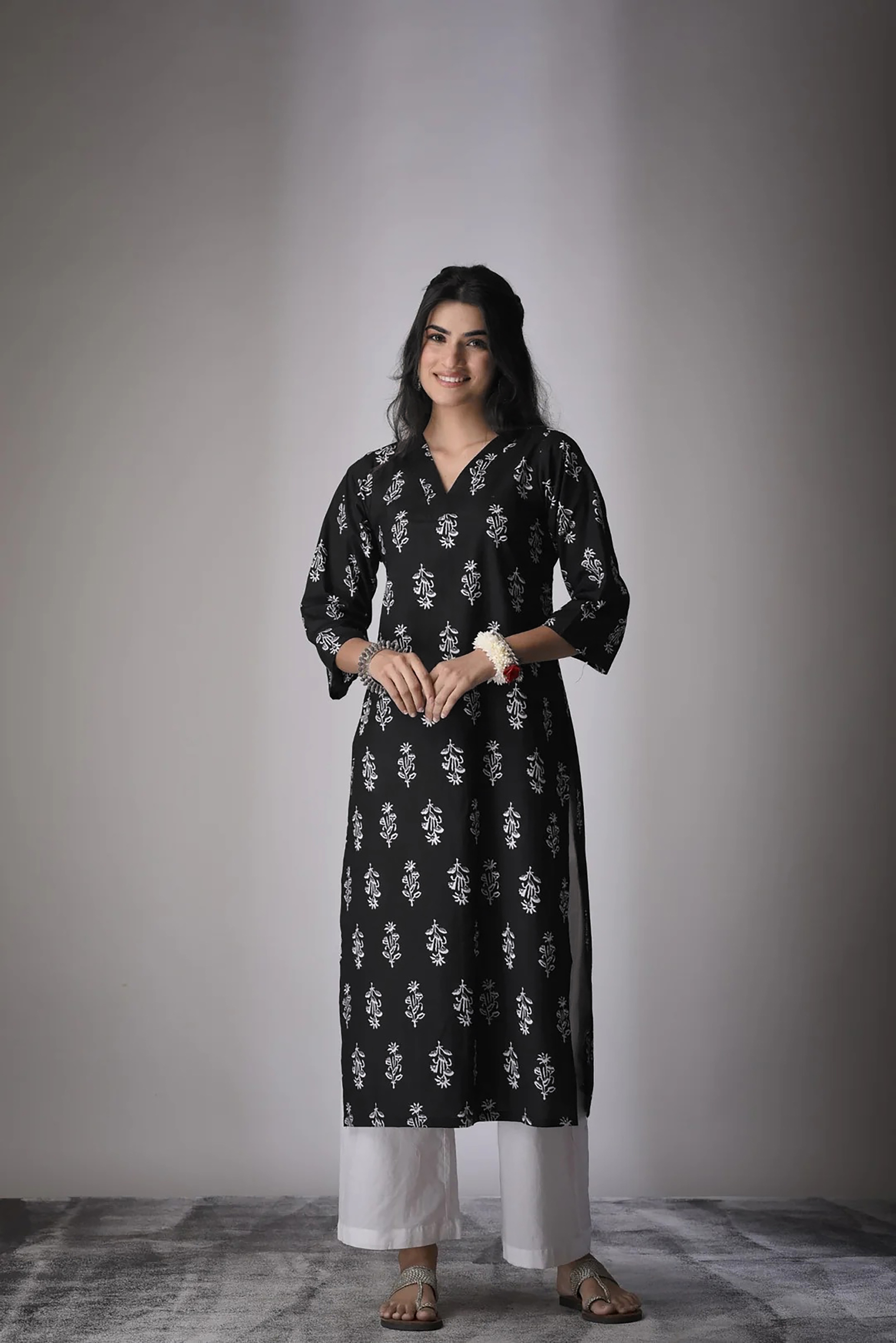 Black Mughal Printed Cambric Cotton Kurti