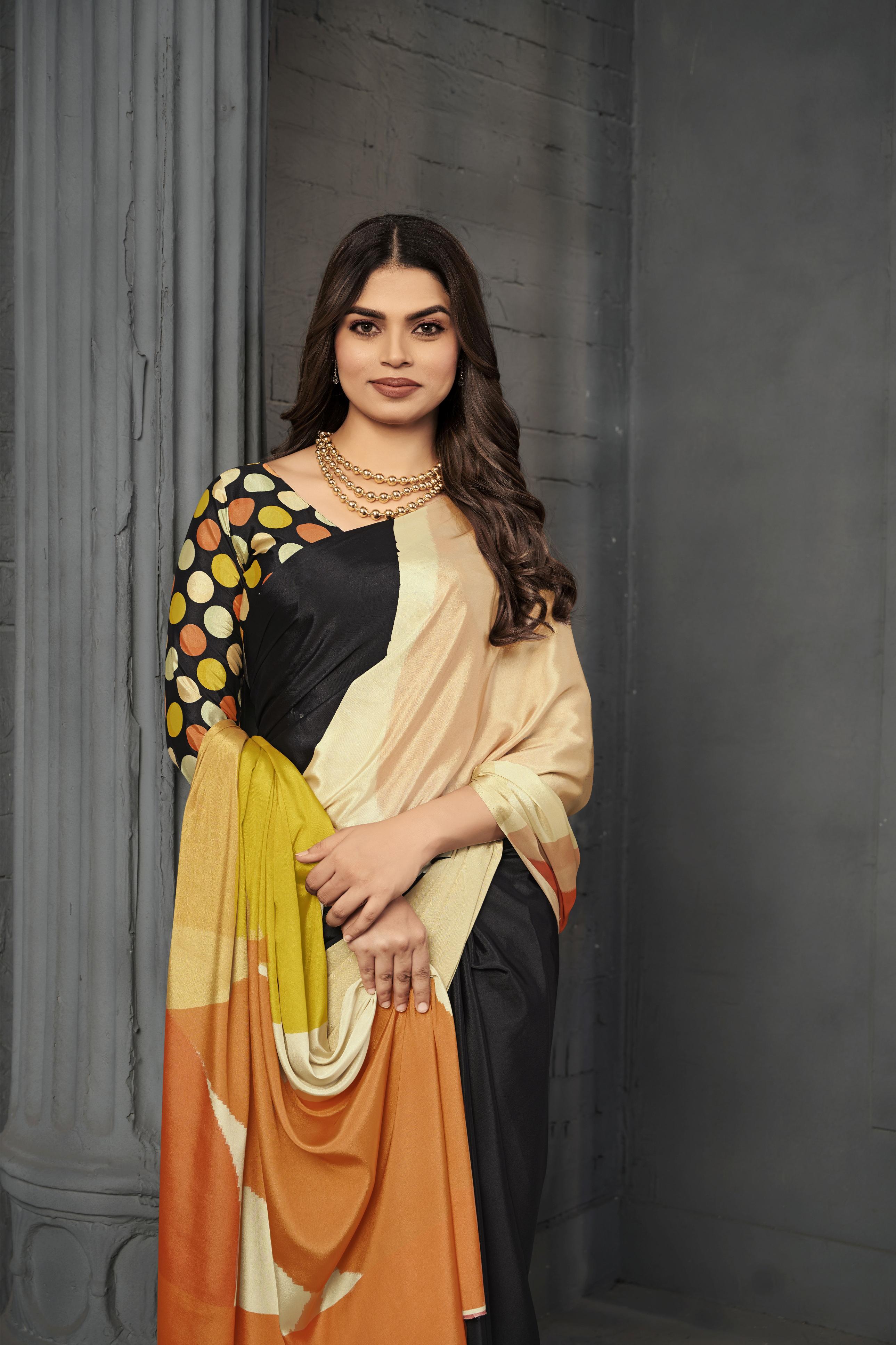 Black Multi Malai Crepe Silk Saree