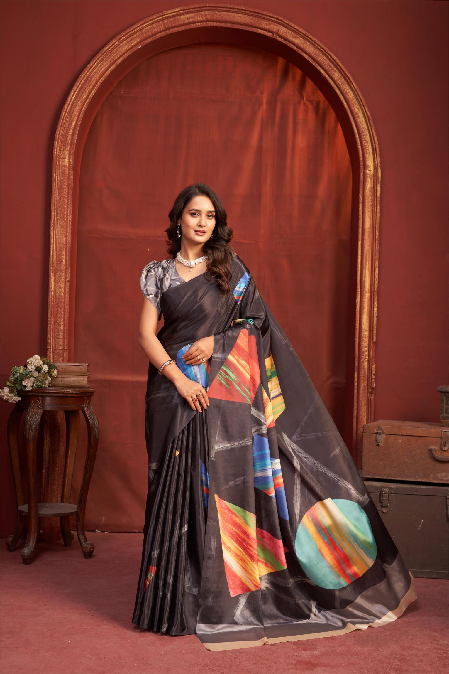 Black Multi Malai Crepe Silk Saree