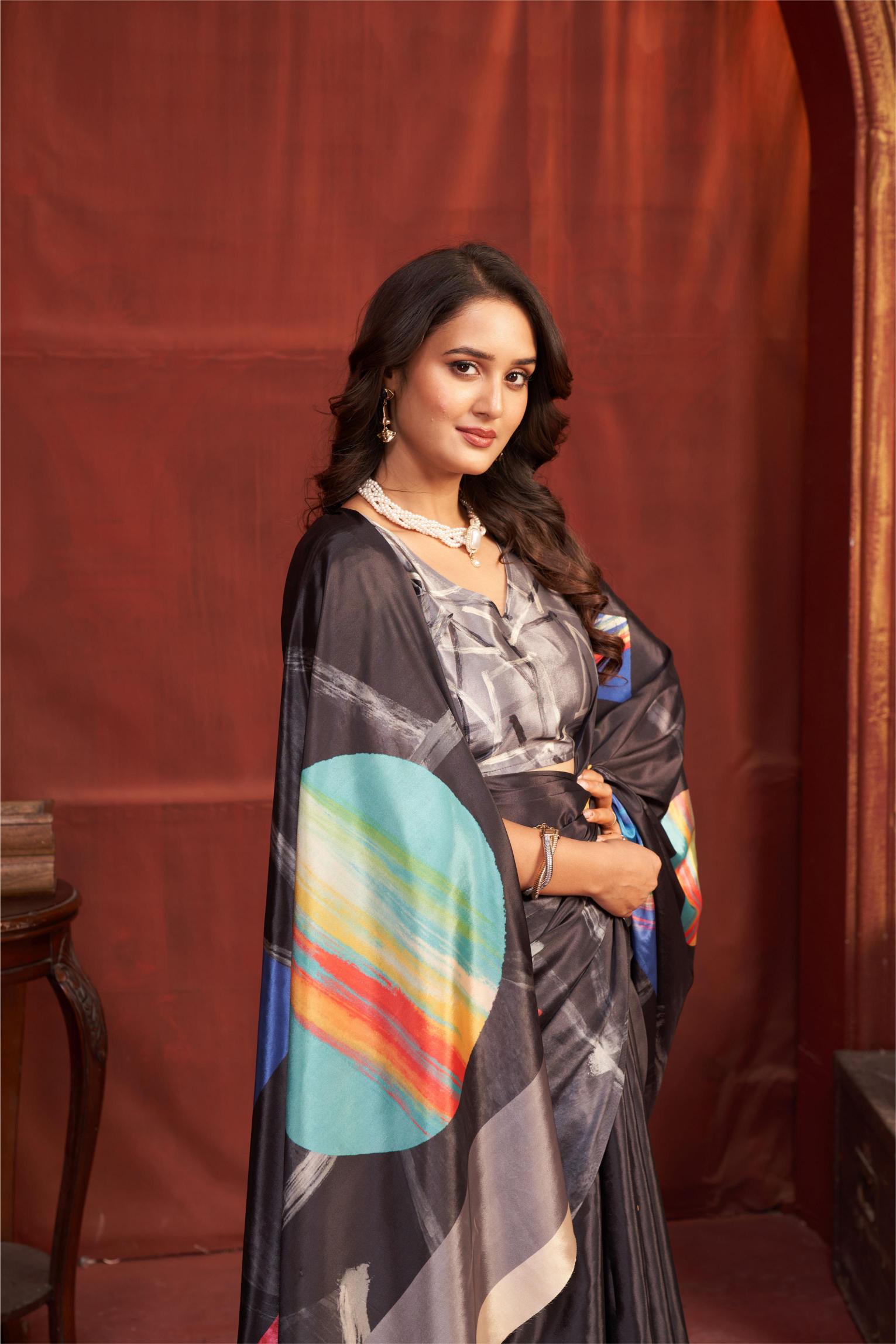 Black Multi Malai Crepe Silk Saree