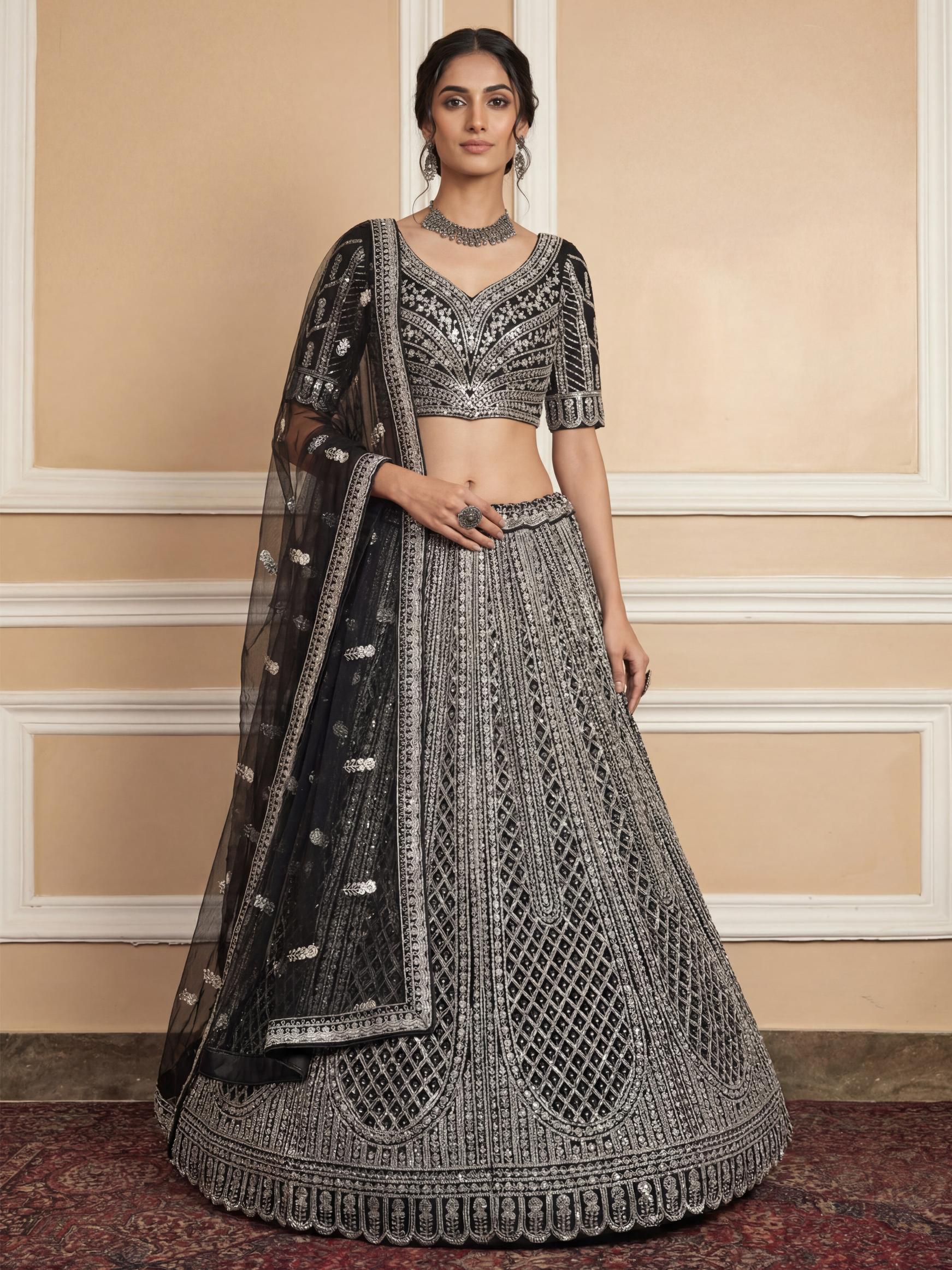 Black Multi Thread Embroidered Butterfly Motif Lehenga Choli