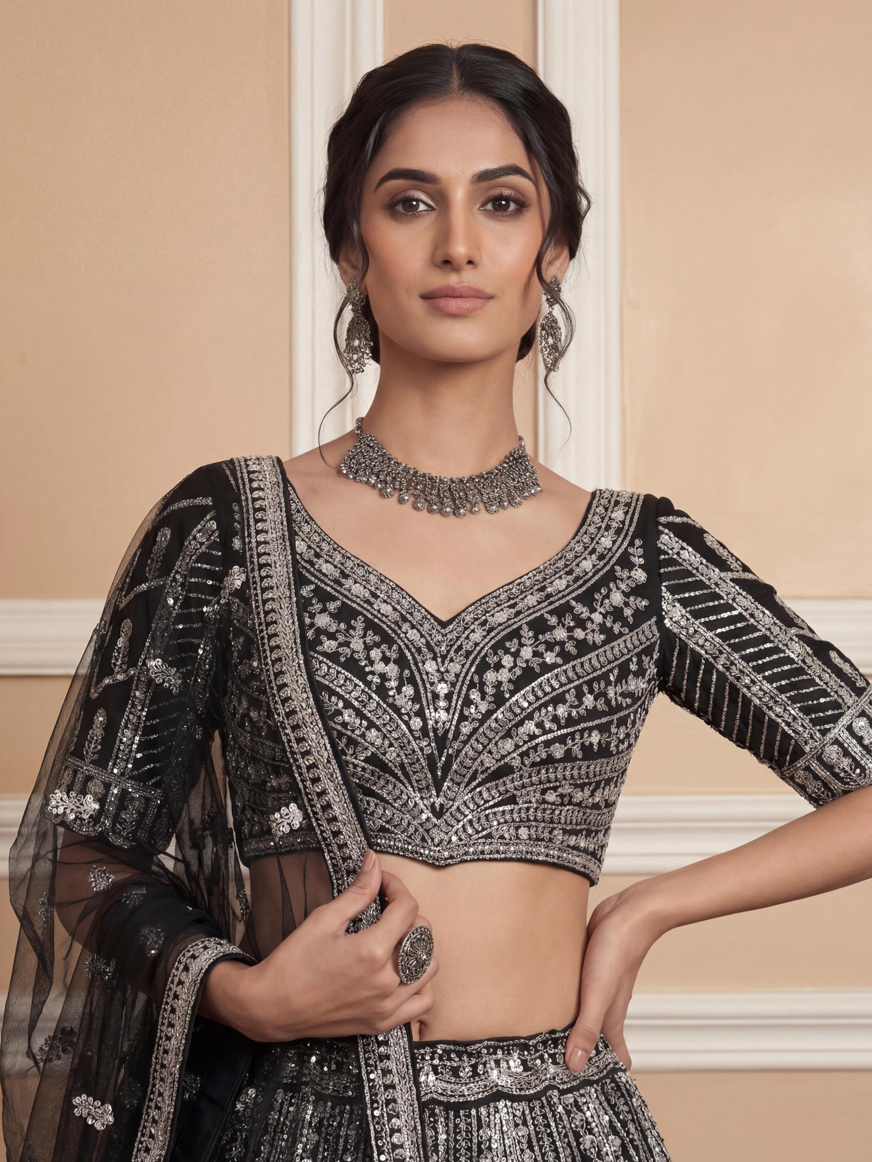 Black Multi Thread Embroidered Butterfly Motif Lehenga Choli
