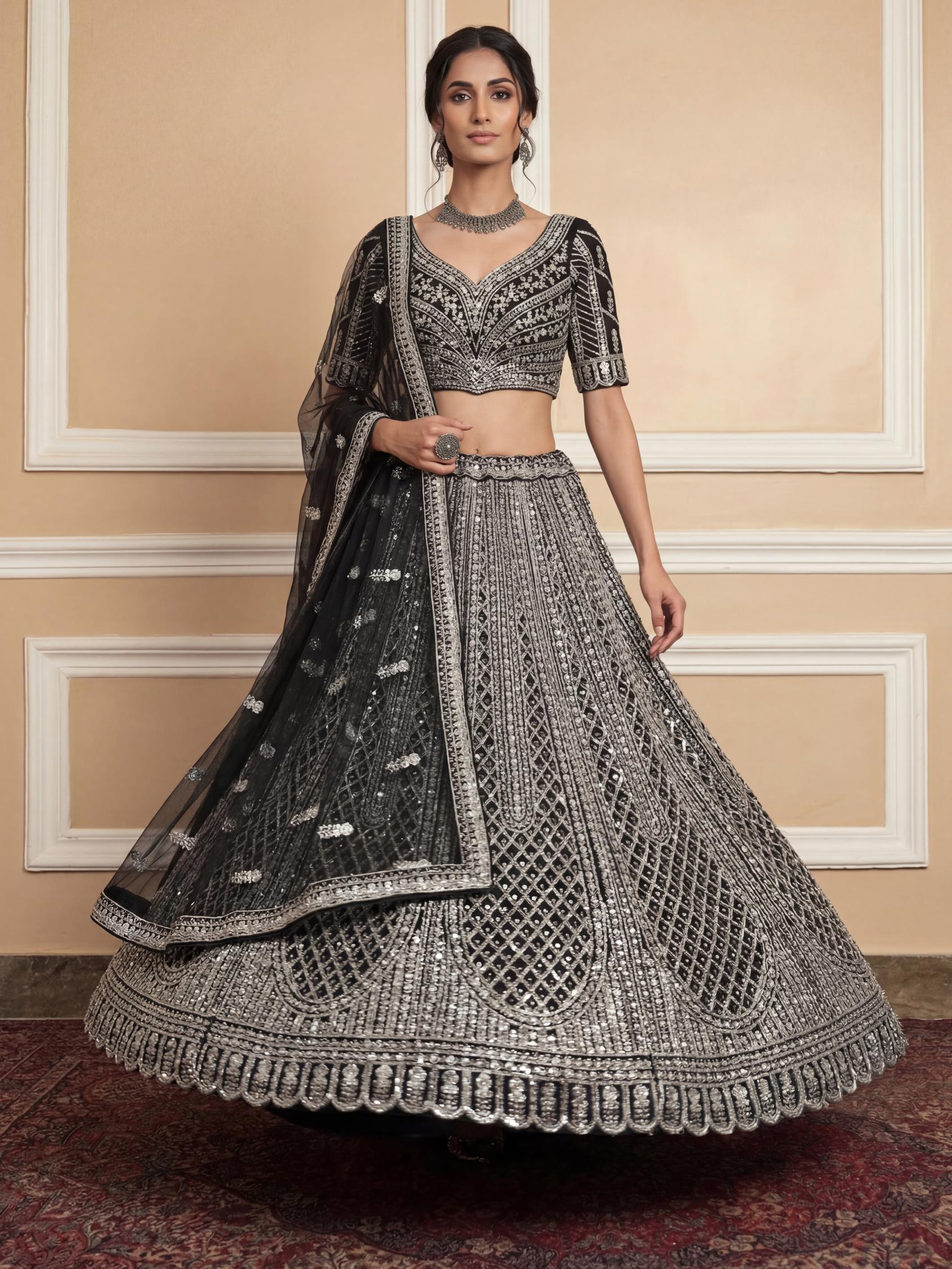 Black Multi Thread Embroidered Butterfly Motif Lehenga Choli