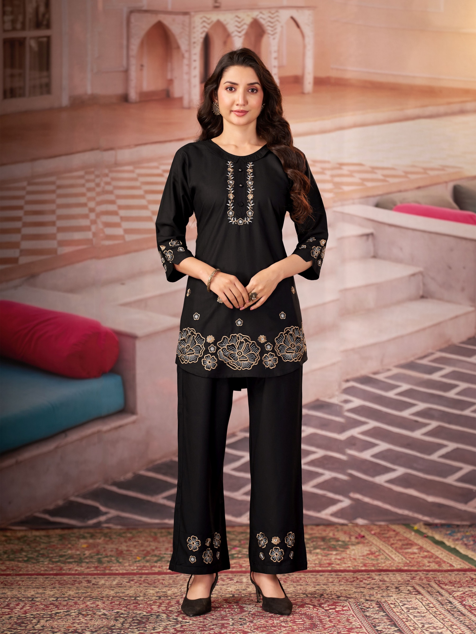 Black Multi-Thread Embroidery Rayon Co-Ord Set