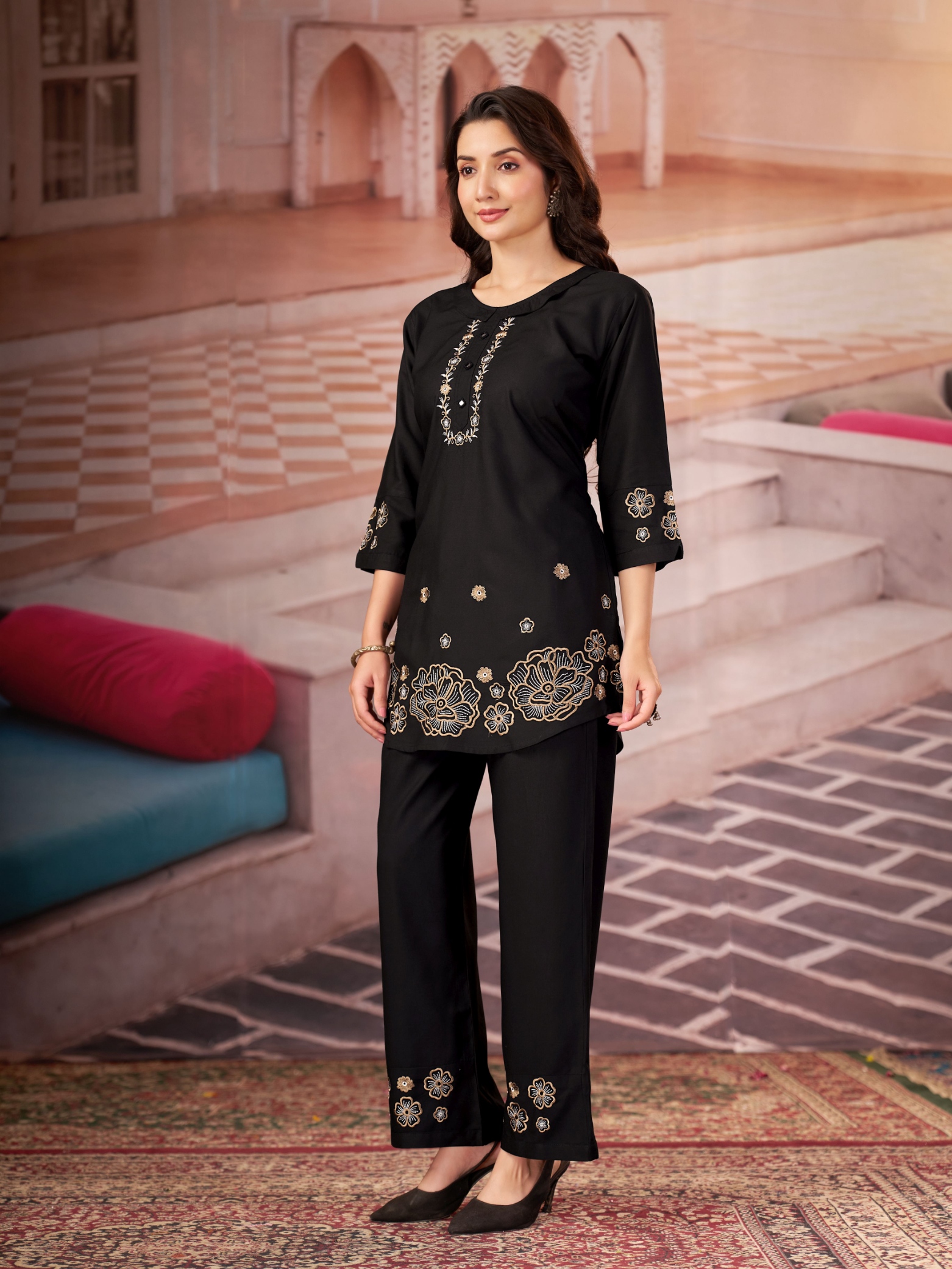Black Multi-Thread Embroidery Rayon Co-Ord Set — alternate view