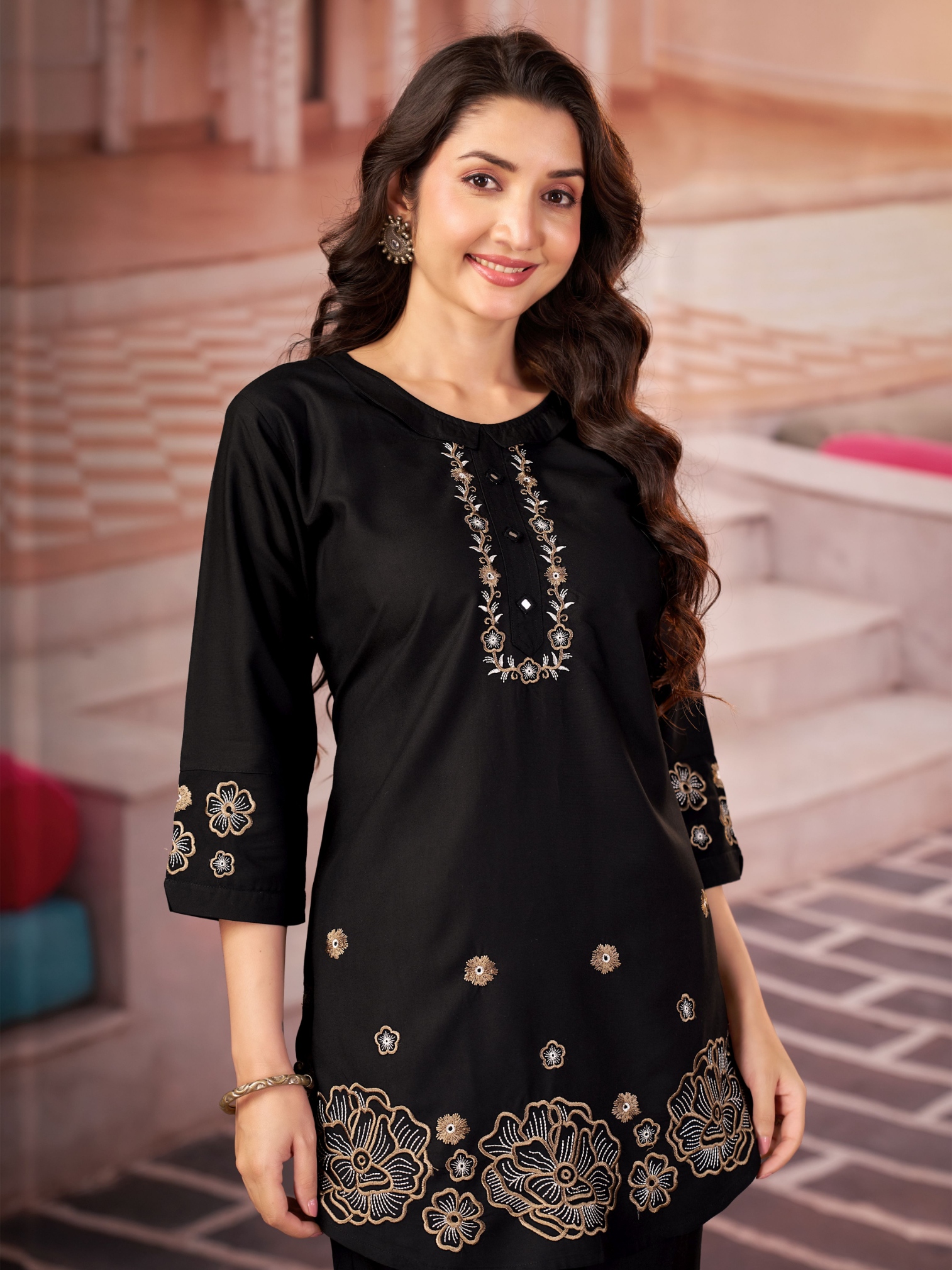 Black Multi-Thread Embroidery Rayon Co-Ord Set