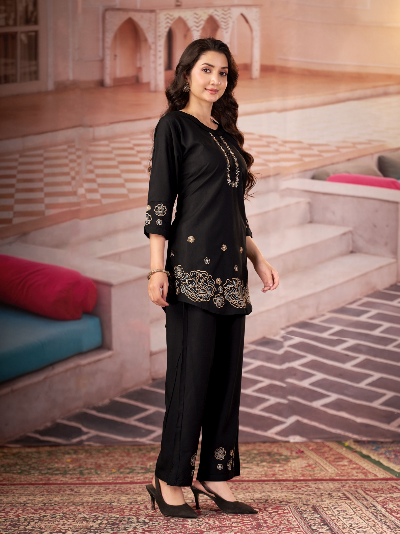 Black Multi-Thread Embroidery Rayon Co-Ord Set