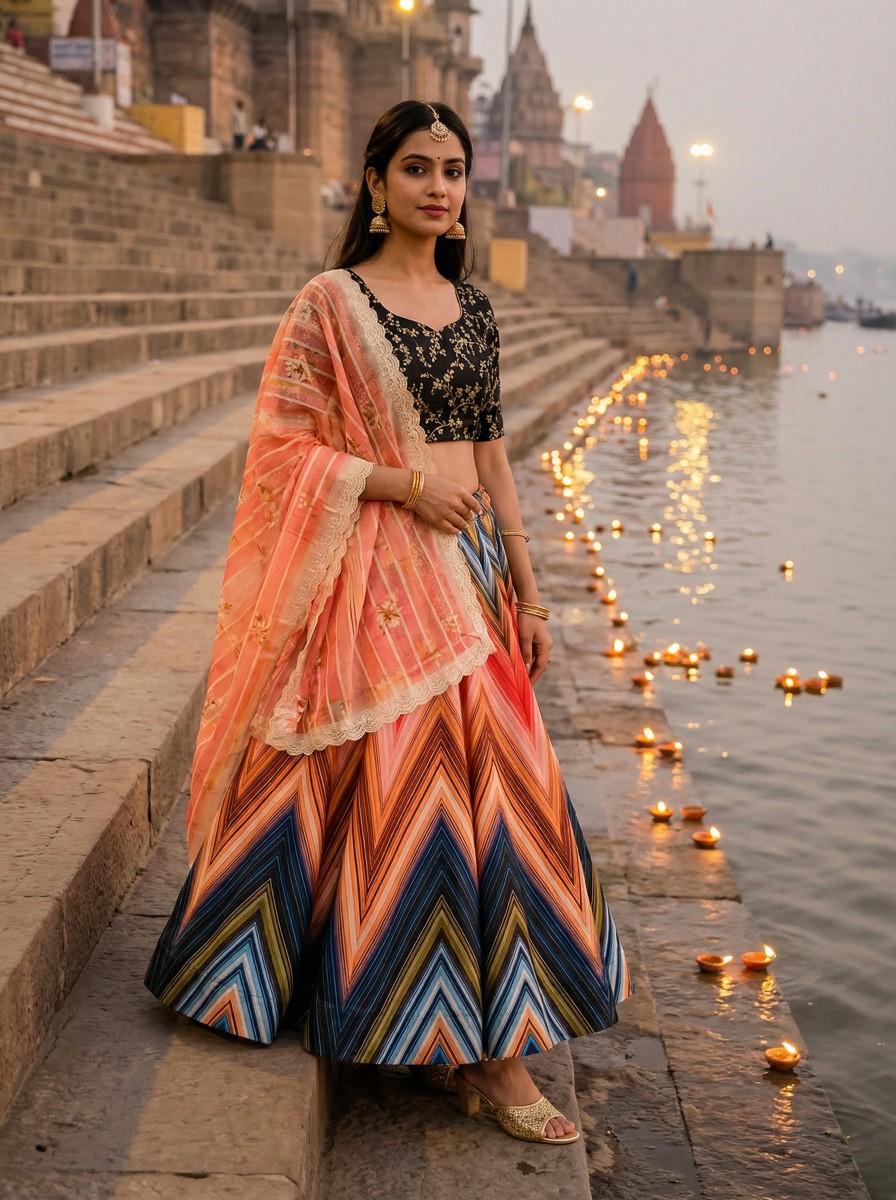 Black Multicolor Digital Printed Satin Silk Lehenga Choli