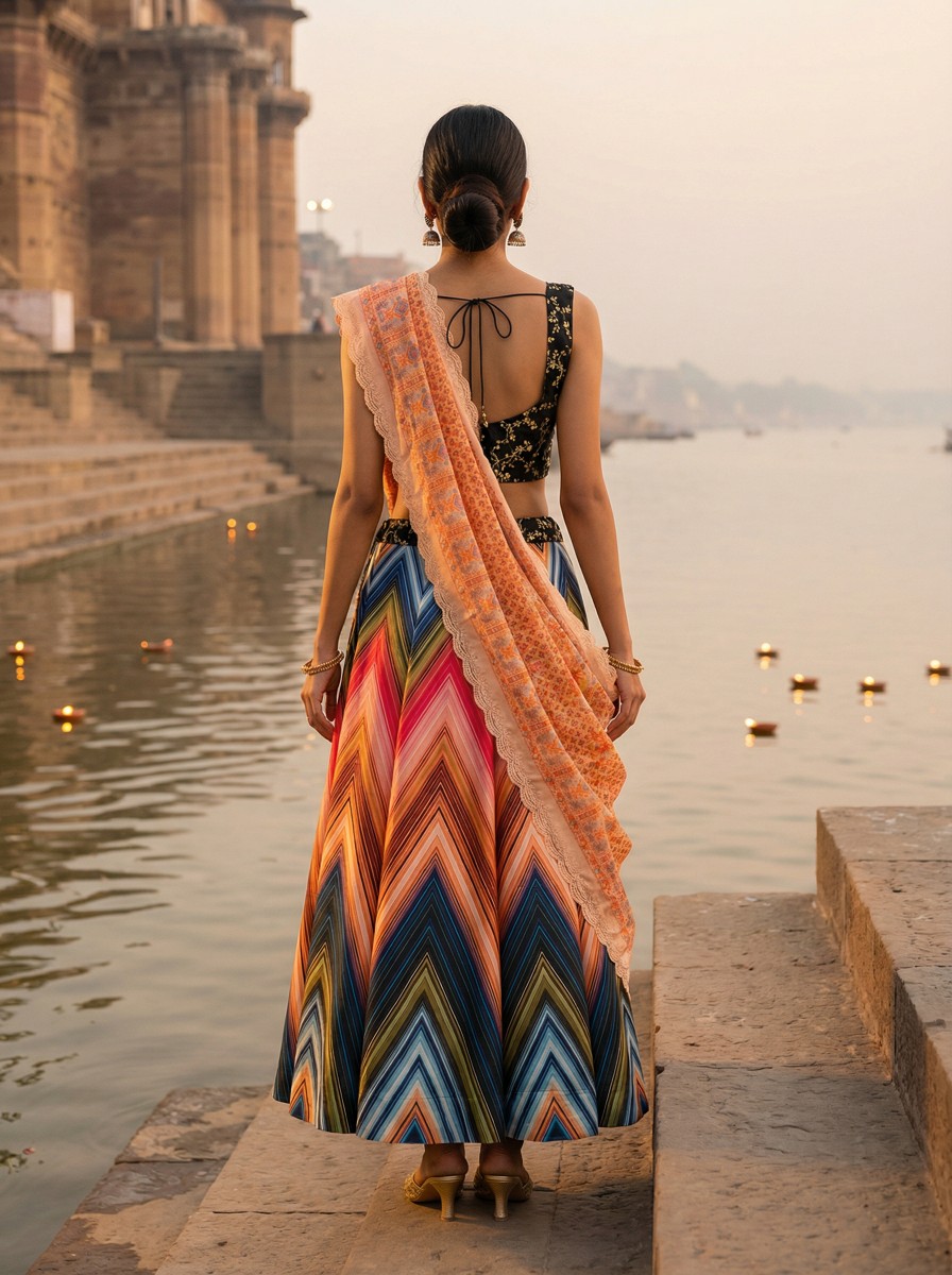 Black Multicolor Digital Printed Satin Silk Lehenga Choli — alternate view