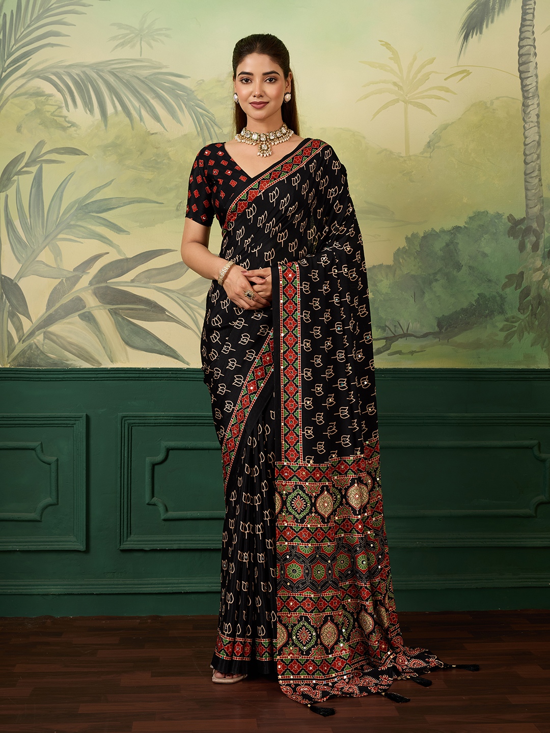 Black Multicolour Heritage Motif Chinon Silk Saree