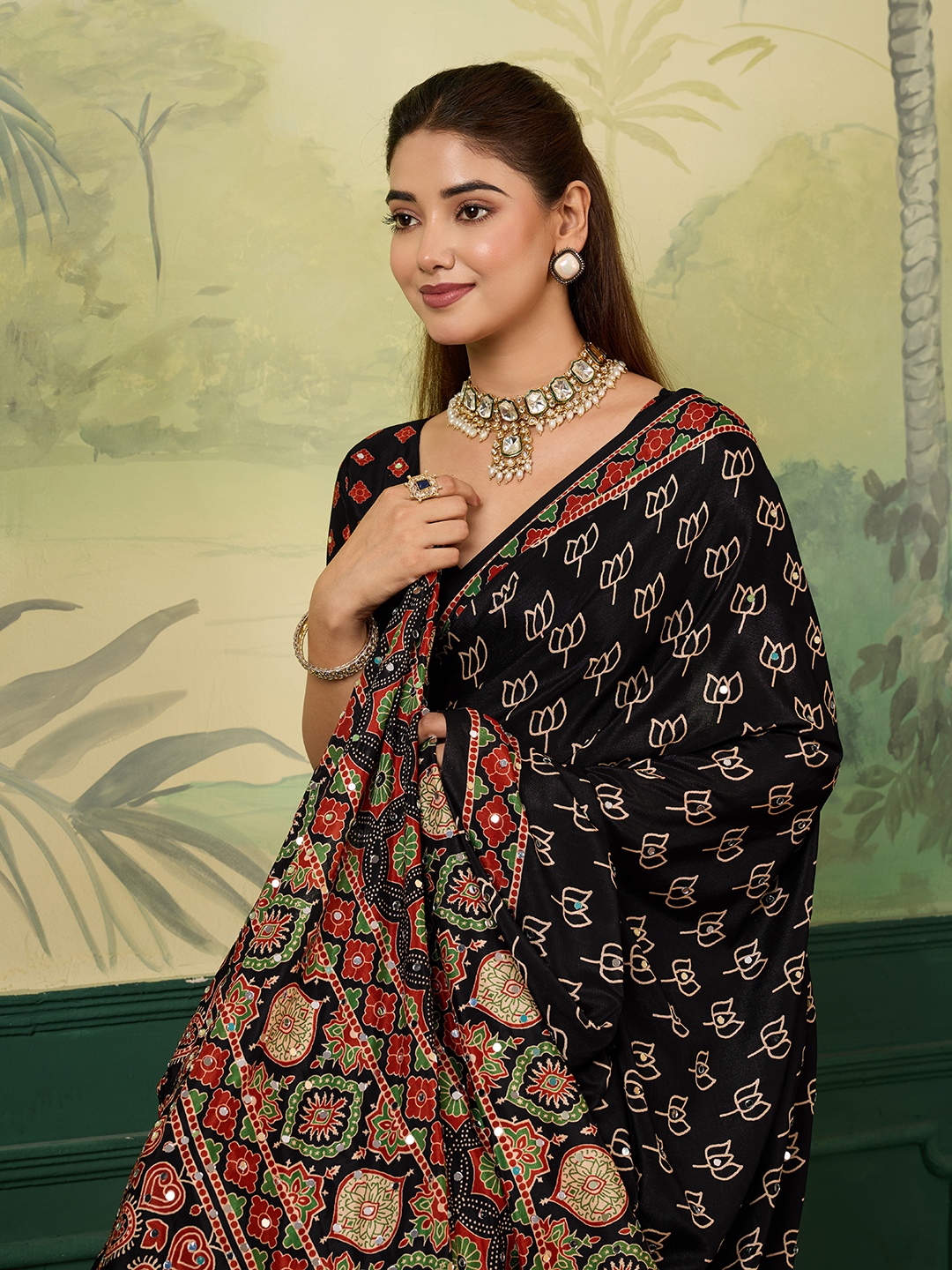 Black Multicolour Heritage Motif Chinon Silk Saree