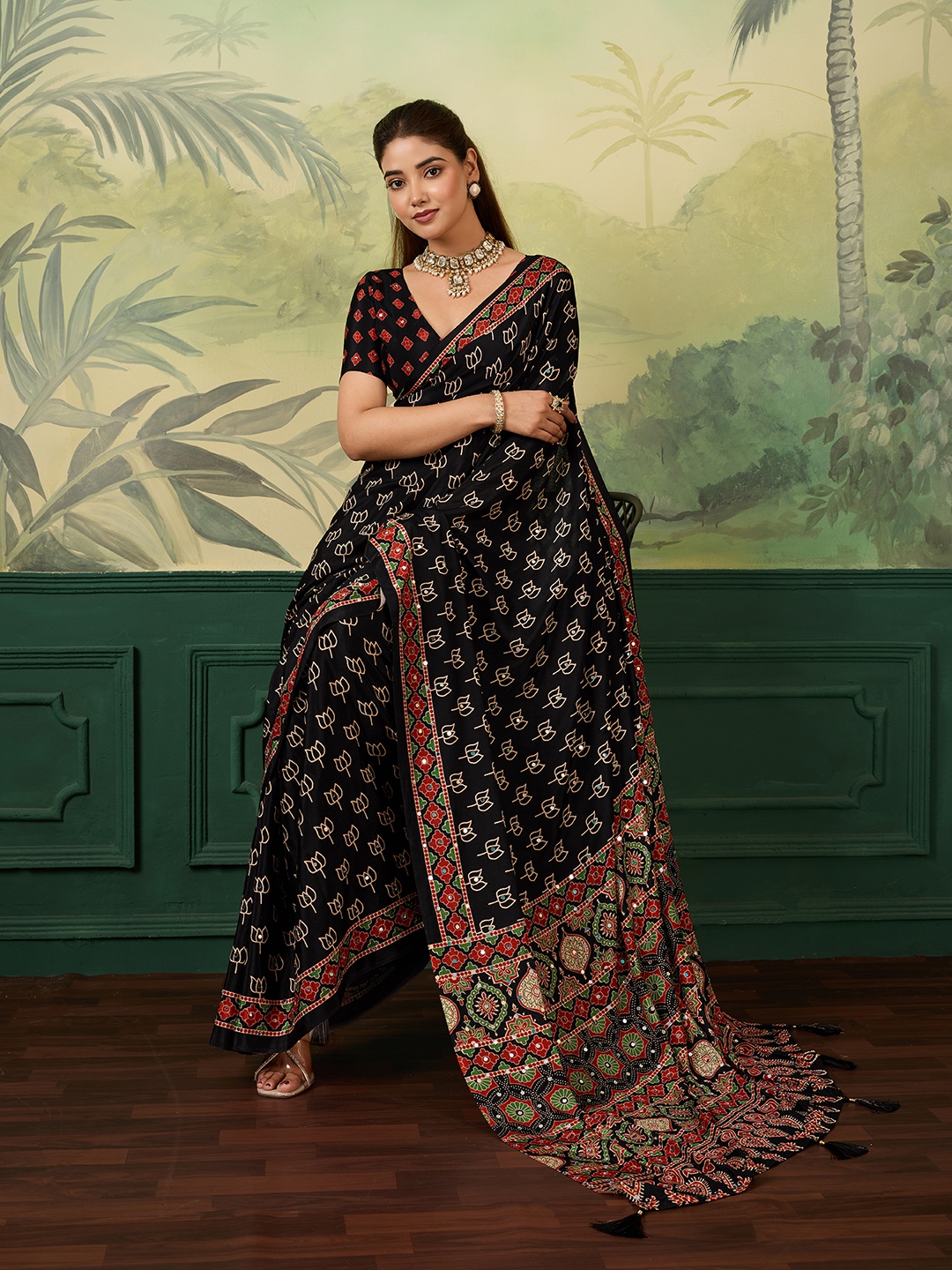 Black Multicolour Heritage Motif Chinon Silk Saree