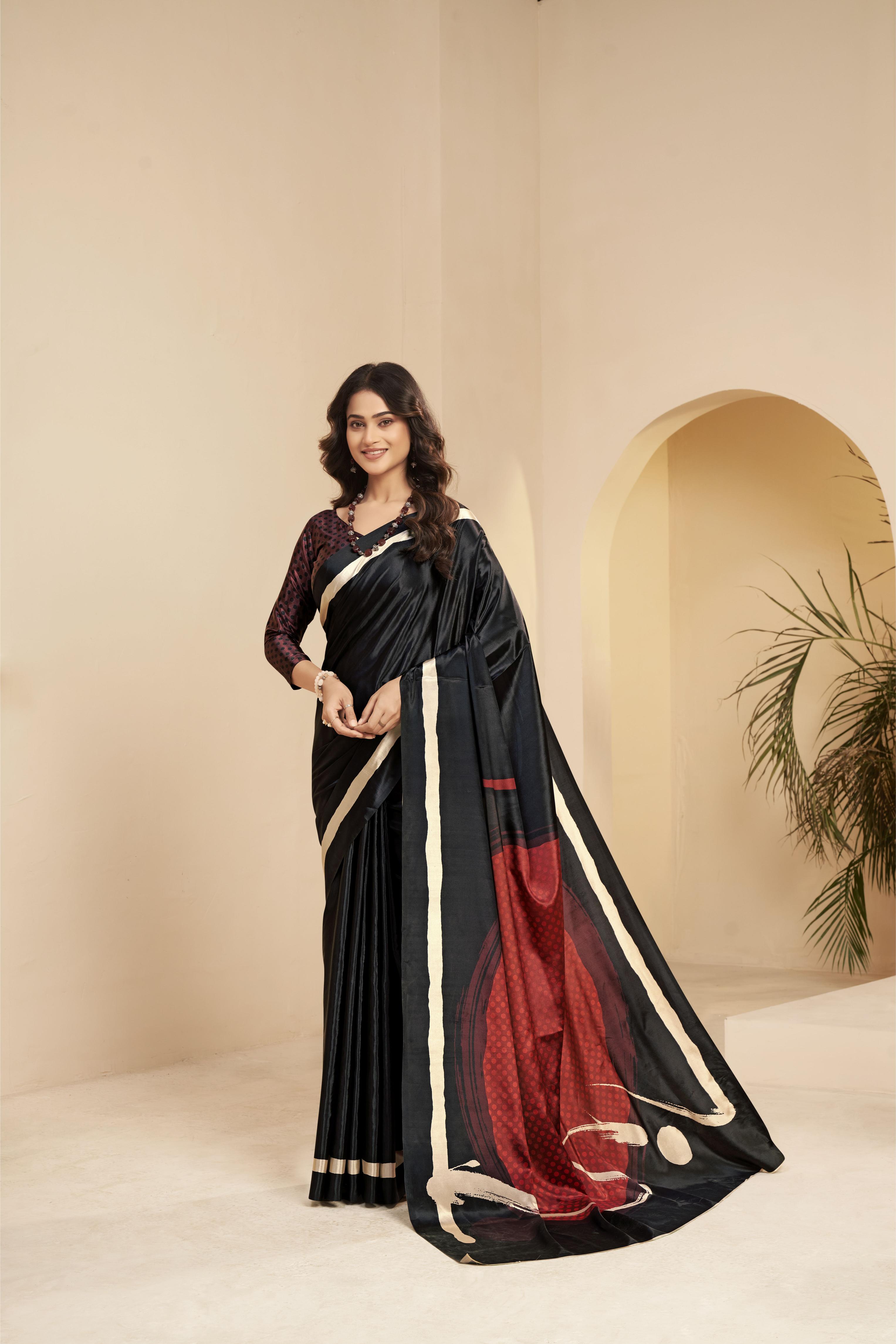 Black N Brown Floral Printed Malai Crepe Silk Saree