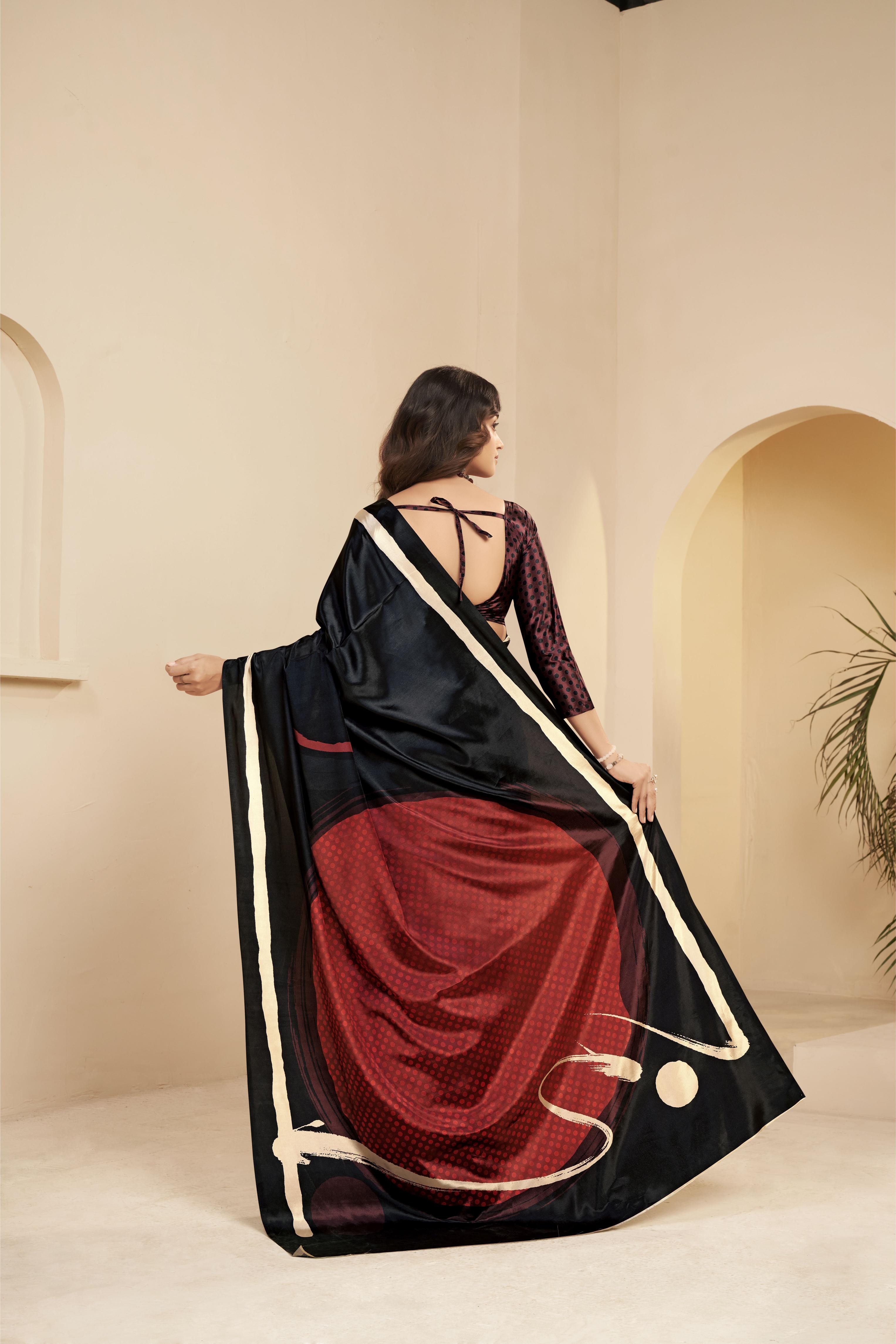 Black N Brown Floral Printed Malai Crepe Silk Saree — alternate view