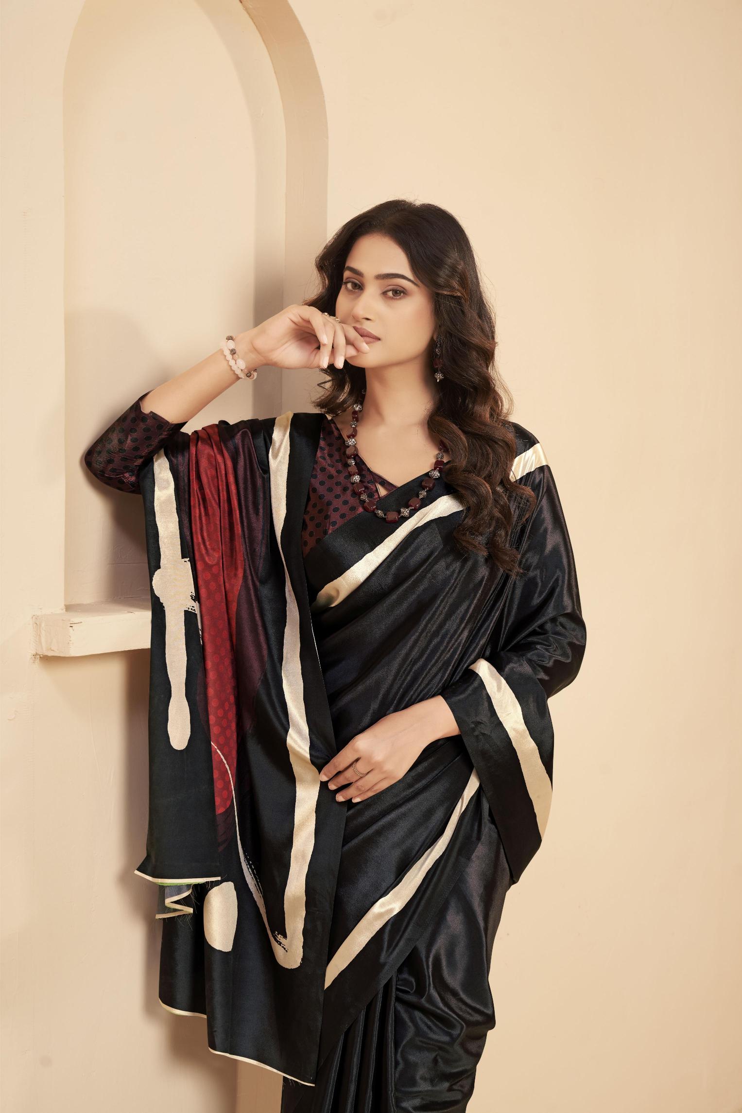 Black N Brown Floral Printed Malai Crepe Silk Saree