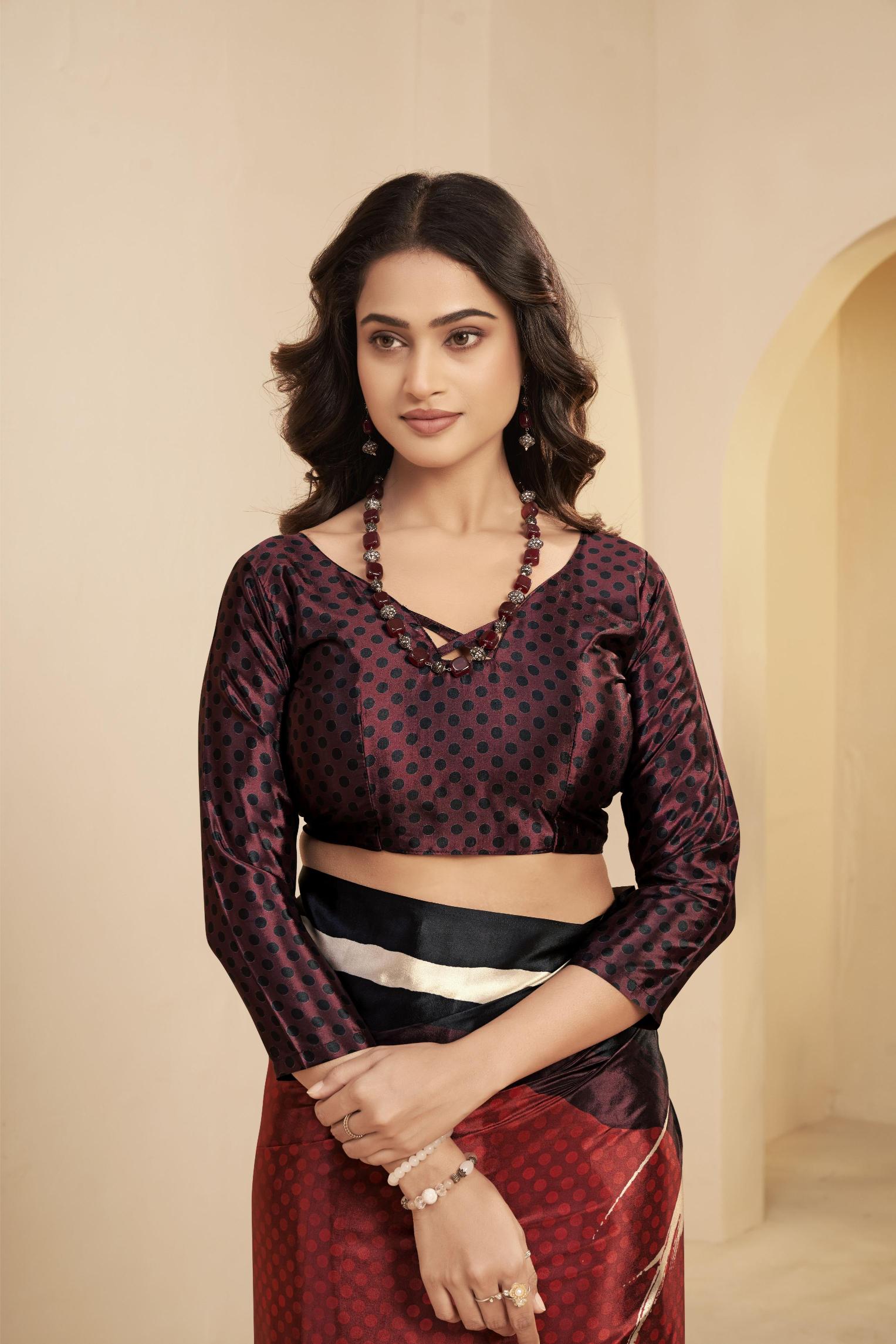 Black N Brown Floral Printed Malai Crepe Silk Saree