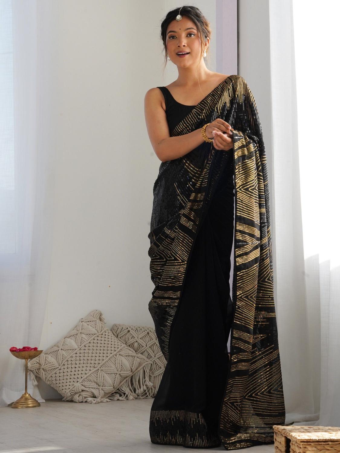 Black N Gold Patterned Sequin Georgette Designer Embroidered Saree