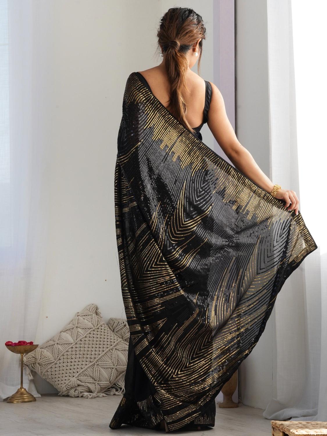 Black N Gold Patterned Sequin Georgette Designer Embroidered Saree — alternate view