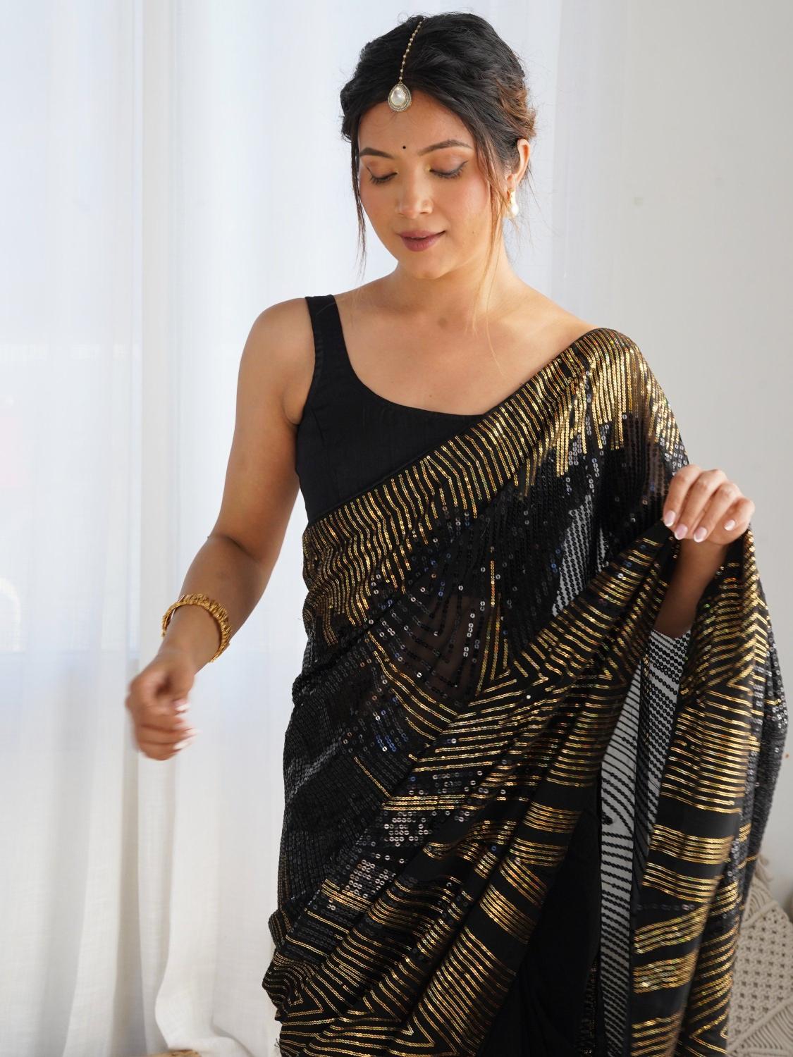 Black N Gold Patterned Sequin Georgette Designer Embroidered Saree