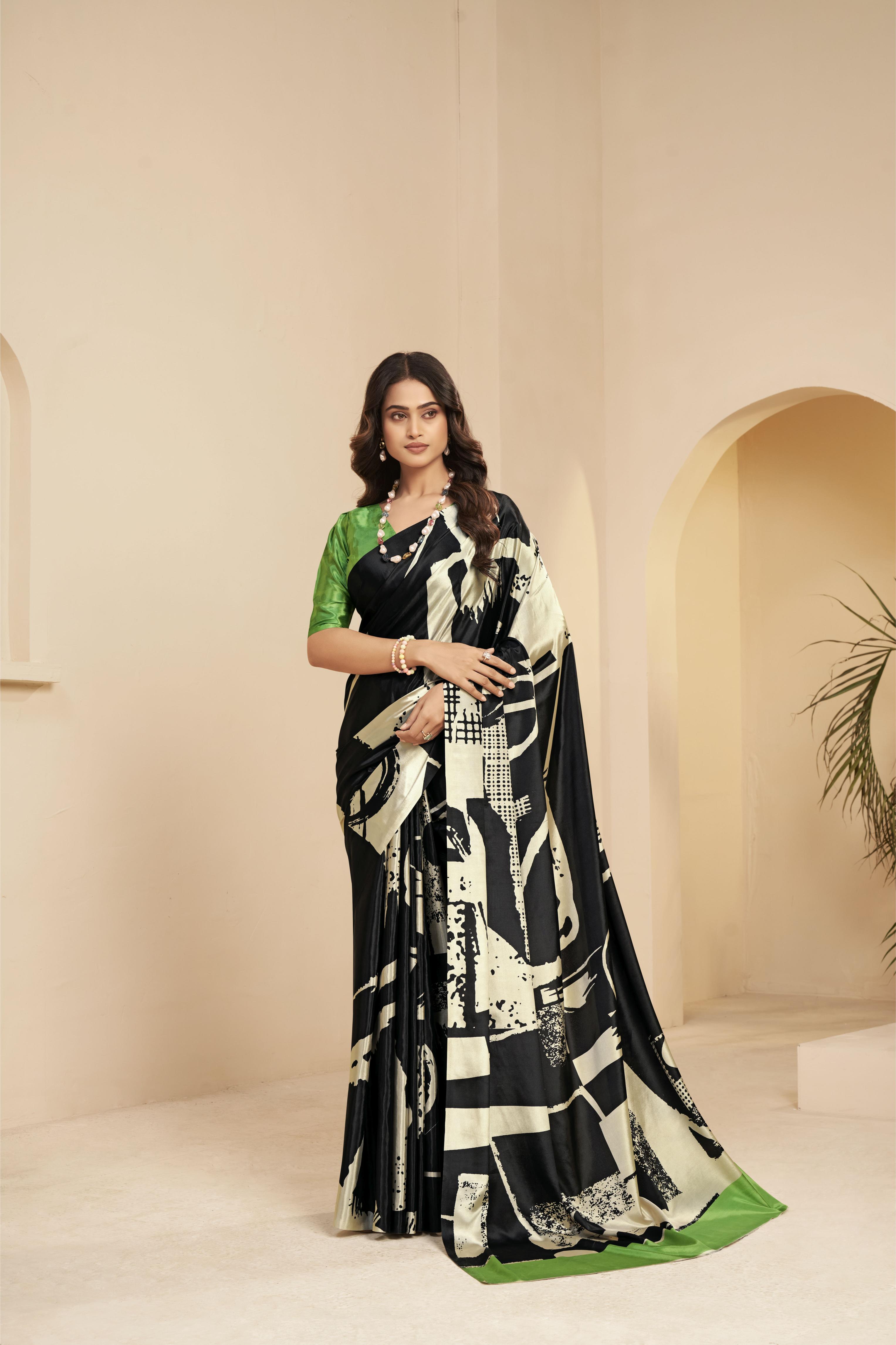 Black N Green Floral Printed Malai Crepe Silk Saree